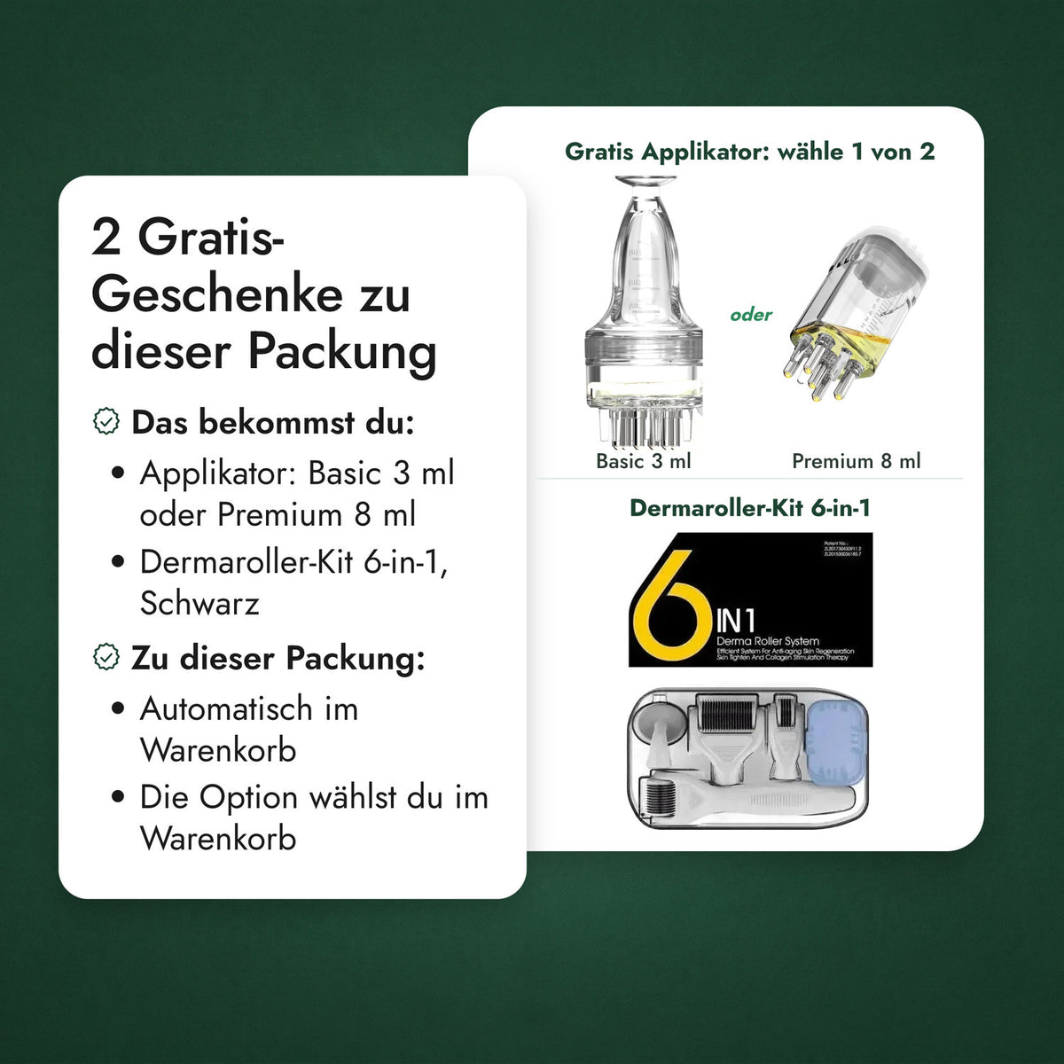 2 Gratis-Geschenke zu dieser Packung: Gratis Applikator: wähle 1 von 2, Dermaroller-Kit 6-in-1