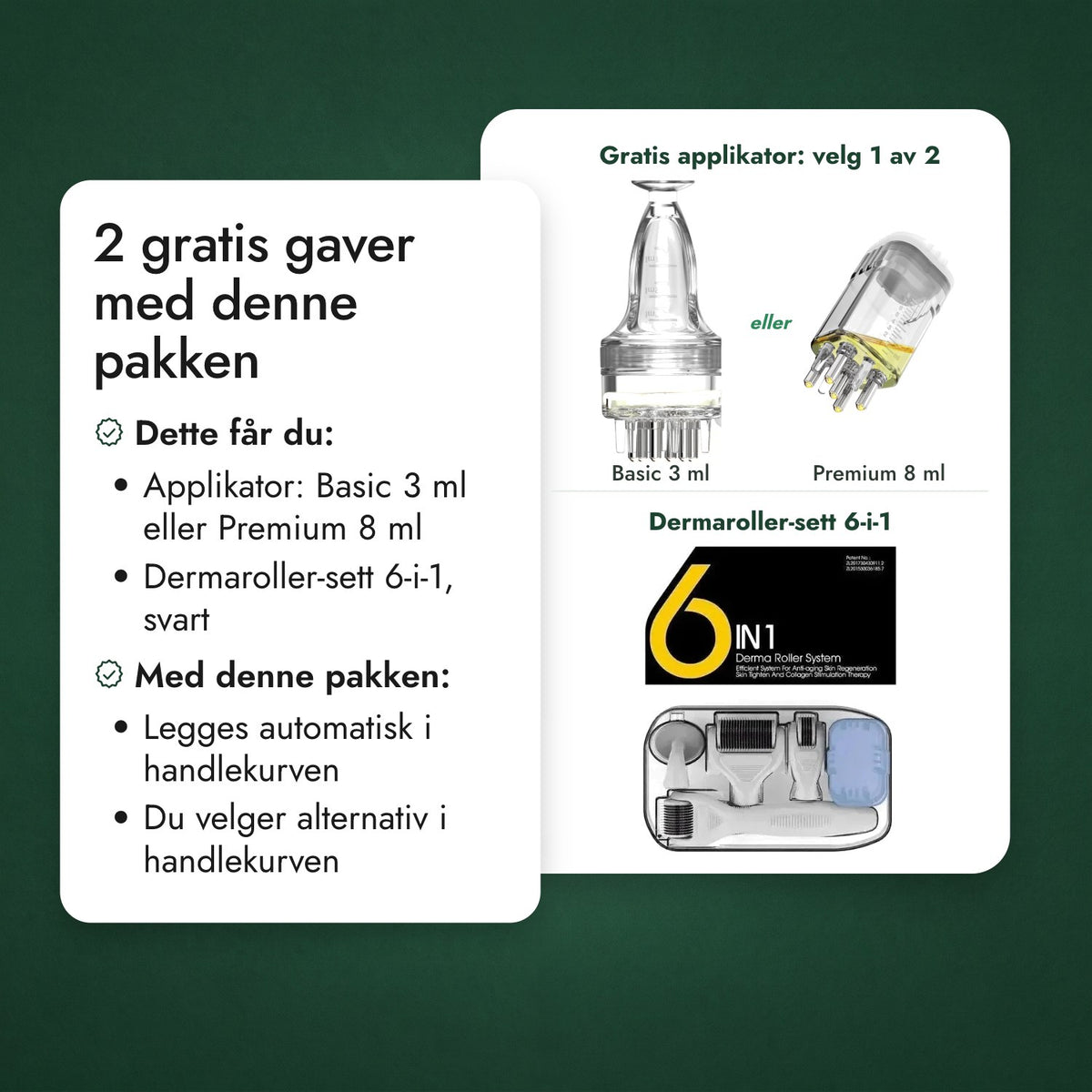 2 gratis gaver med denne pakken: Gratis applikator: velg 1 av 2, Dermaroller-sett 6-i-1
