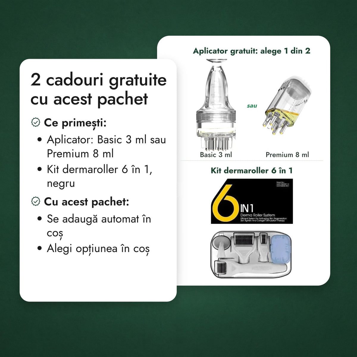 2 cadouri gratuite cu acest pachet: Aplicator gratuit: alege 1 din 2, Kit dermaroller 6 în 1
