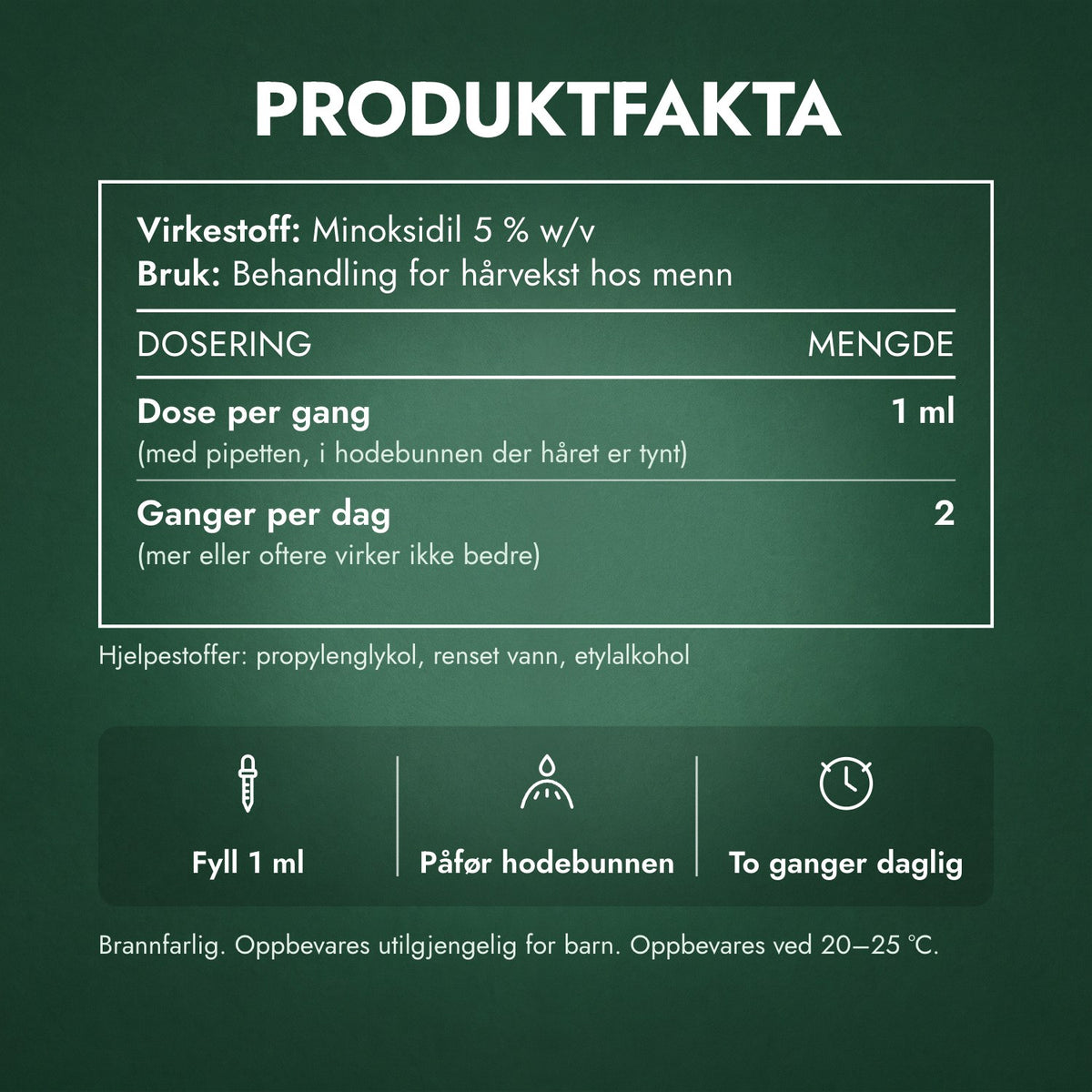 Produktfakta: Foligain minoksidil 5 % for menn, lavt alkoholinnhold