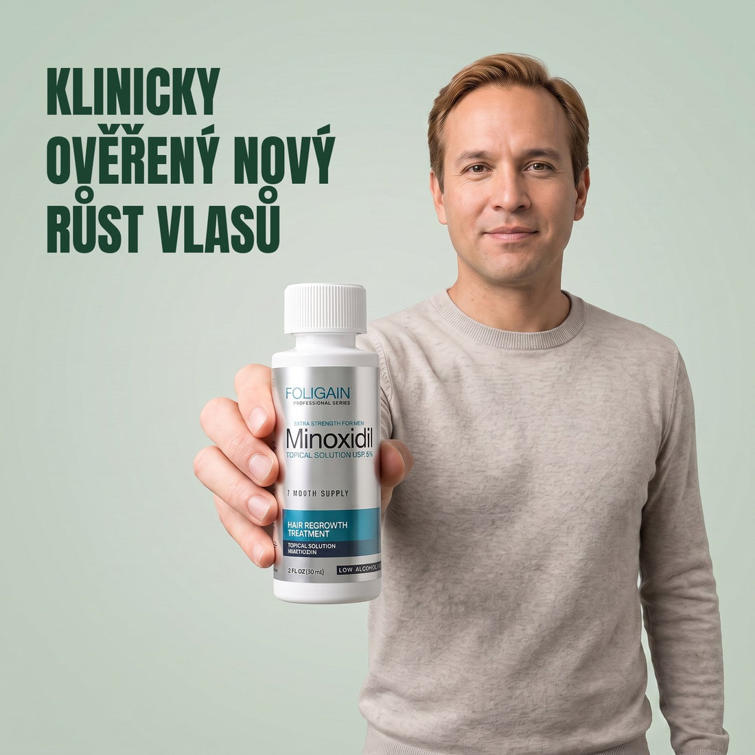 Foligain Minoxidil roztok 5% pro muže – citlivá pokožka – zásoba na 9 měsíců — obal produktu na bílém pozadí