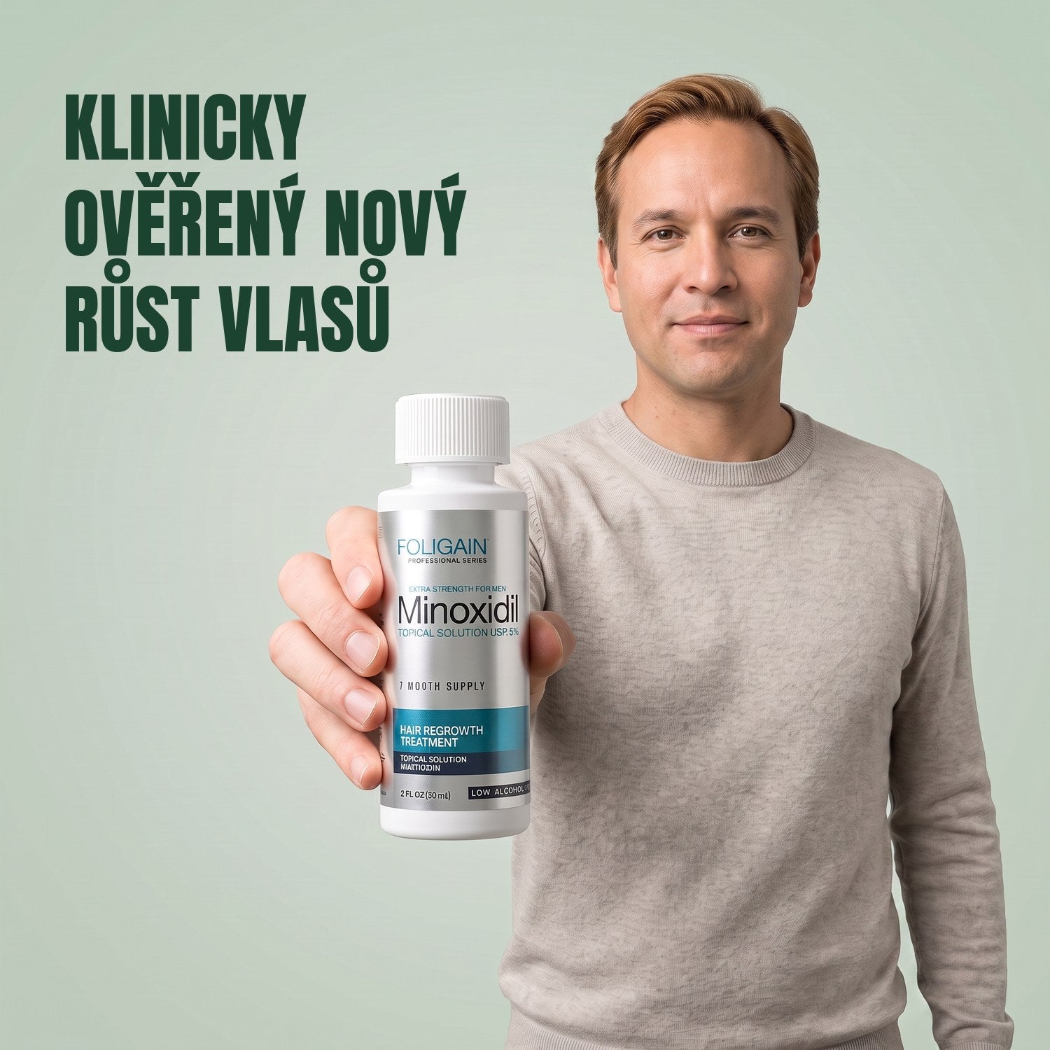 Muž drží lahvičku roztoku Foligain Minoxidil 5% pro citlivou pokožku pro muže na zeleném pozadí