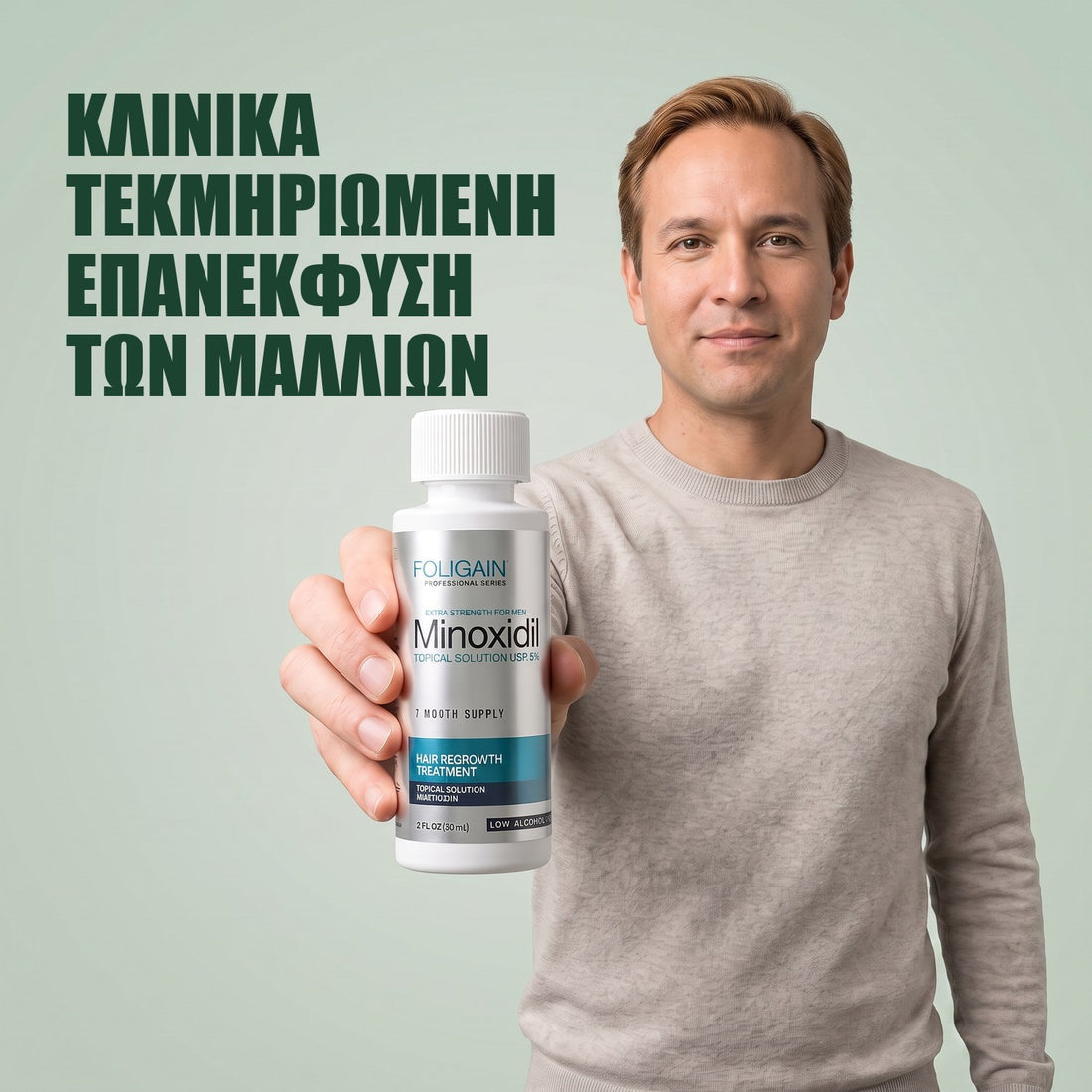 Foligain Διάλυμα Μινοξιδίλης 5% για Άνδρες - Ευαίσθητο Δέρμα - Ποσότητα για 9 Μήνες — συσκευασία προϊόντος σε λευκό φόντο