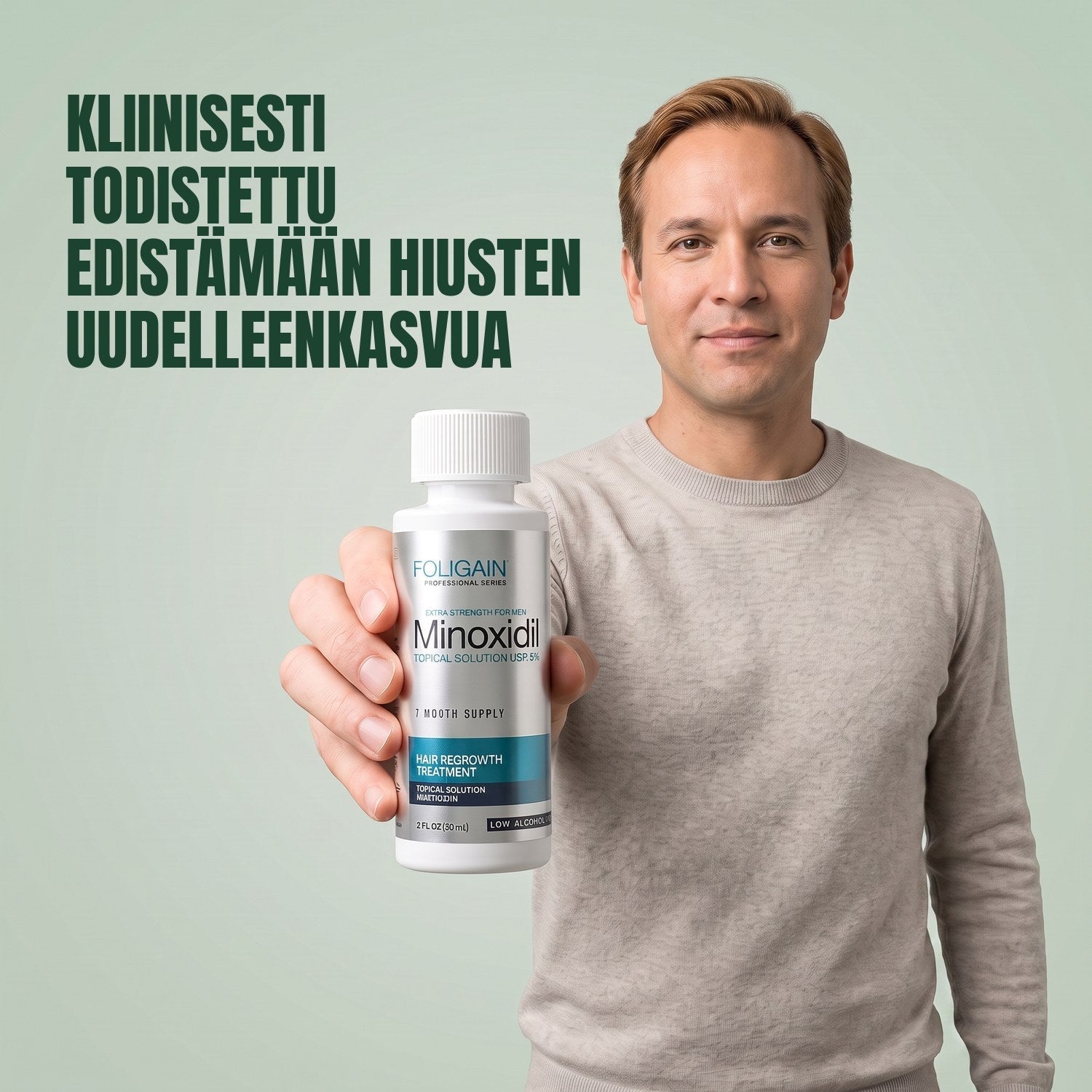 Man holding the Foligain Minoxidil 5% sensitive skin lotion bottle for men against a green background