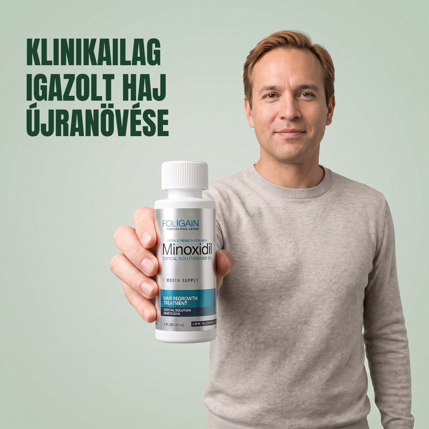 Férfi tartja a Foligain Minoxidil 5% érzékeny bőrre oldat üvegét, zöld háttér előtt