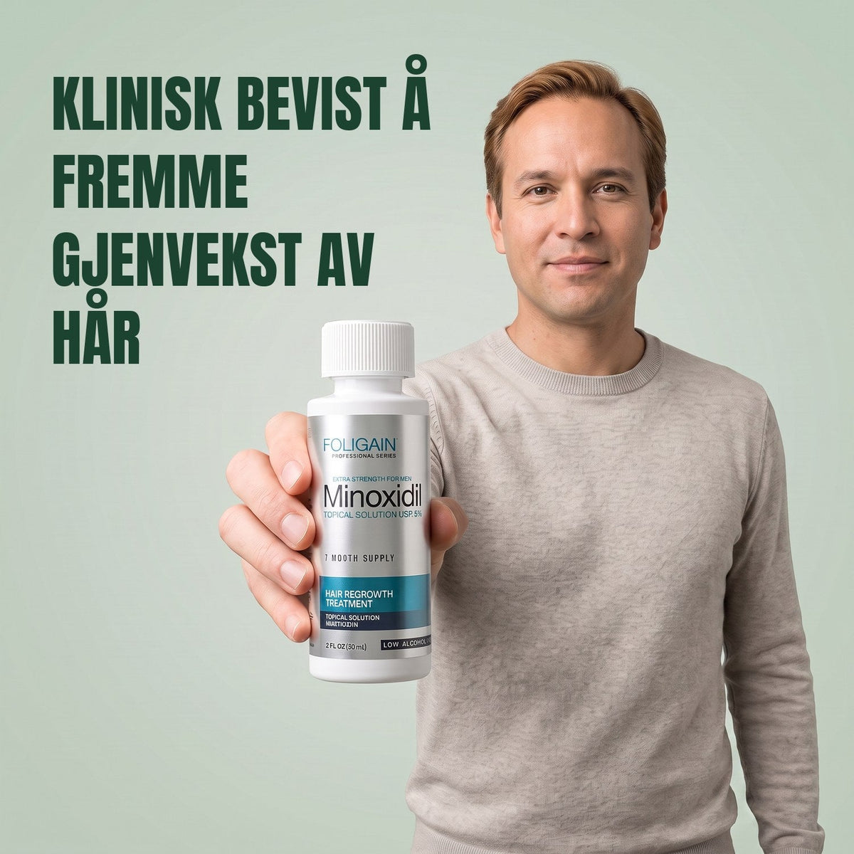 Man holding the Foligain Minoxidil 5% sensitive skin lotion bottle for men against a green background