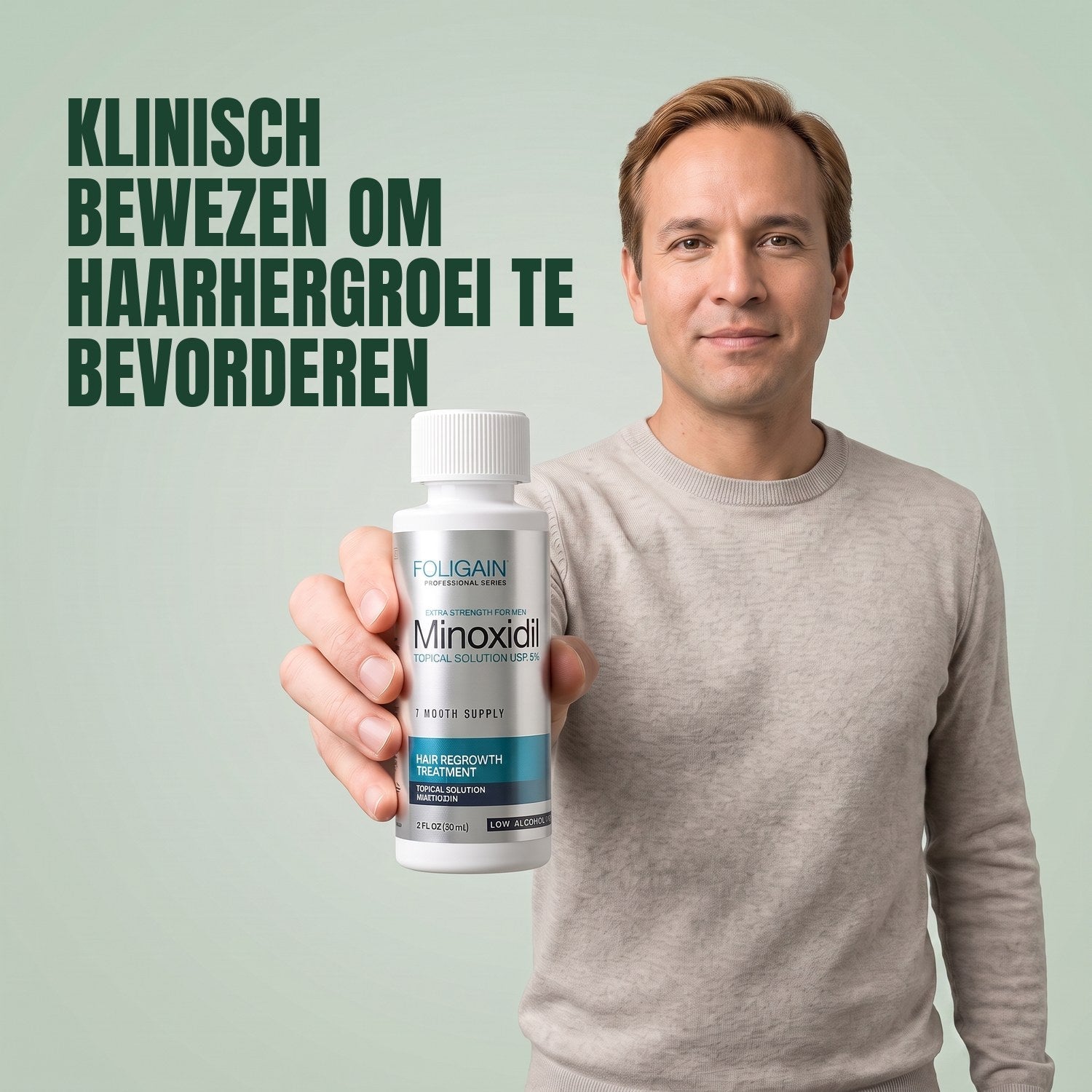 Man holding the Foligain Minoxidil 5% sensitive skin lotion bottle for men against a green background