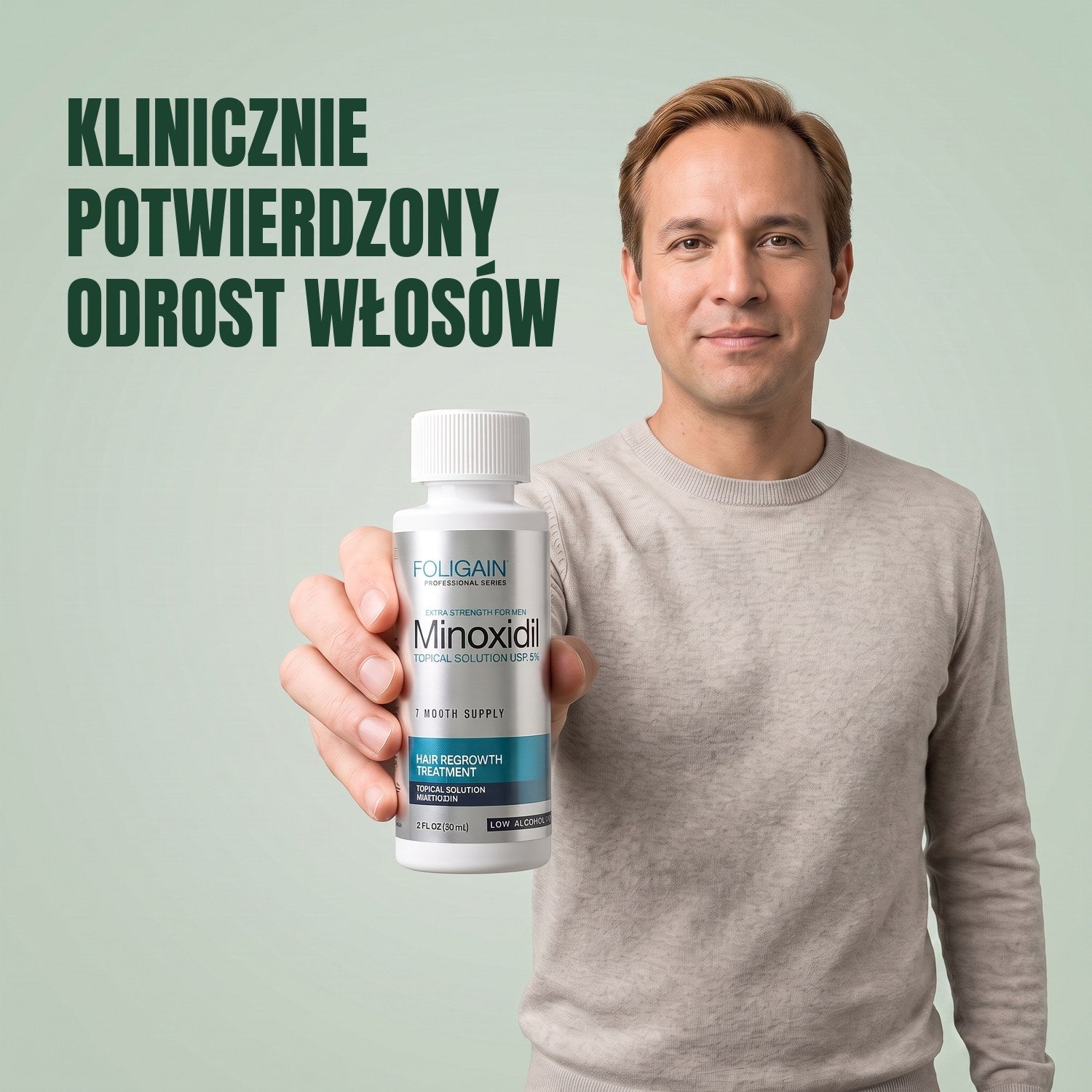 Mężczyzna trzyma butelkę płynu Foligain Minoxidil 5% dla wrażliwej skóry, dla mężczyzn, na zielonym tle