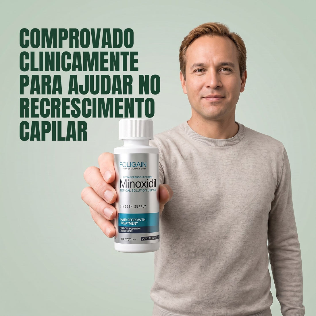 Loção Capilar Foligain Minoxidil 5% para Homens - Pele Sensível - Suprimento para 9 Meses — embalagem do produto em fundo branco