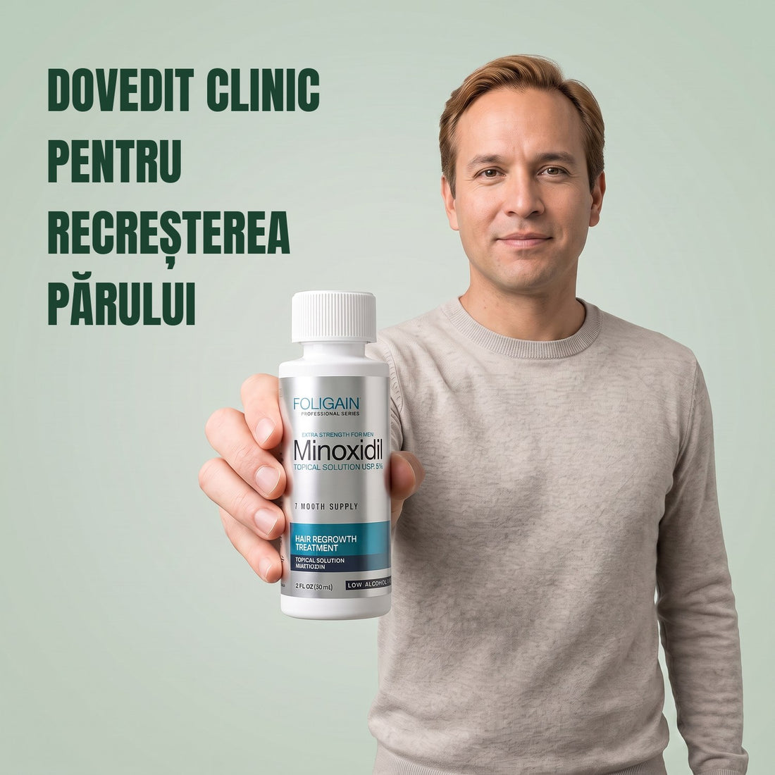 Foligain Minoxidil Loțiune 5% pentru bărbați - piele sensibilă - rezervă pentru 9 luni — ambalaj produs pe fundal alb