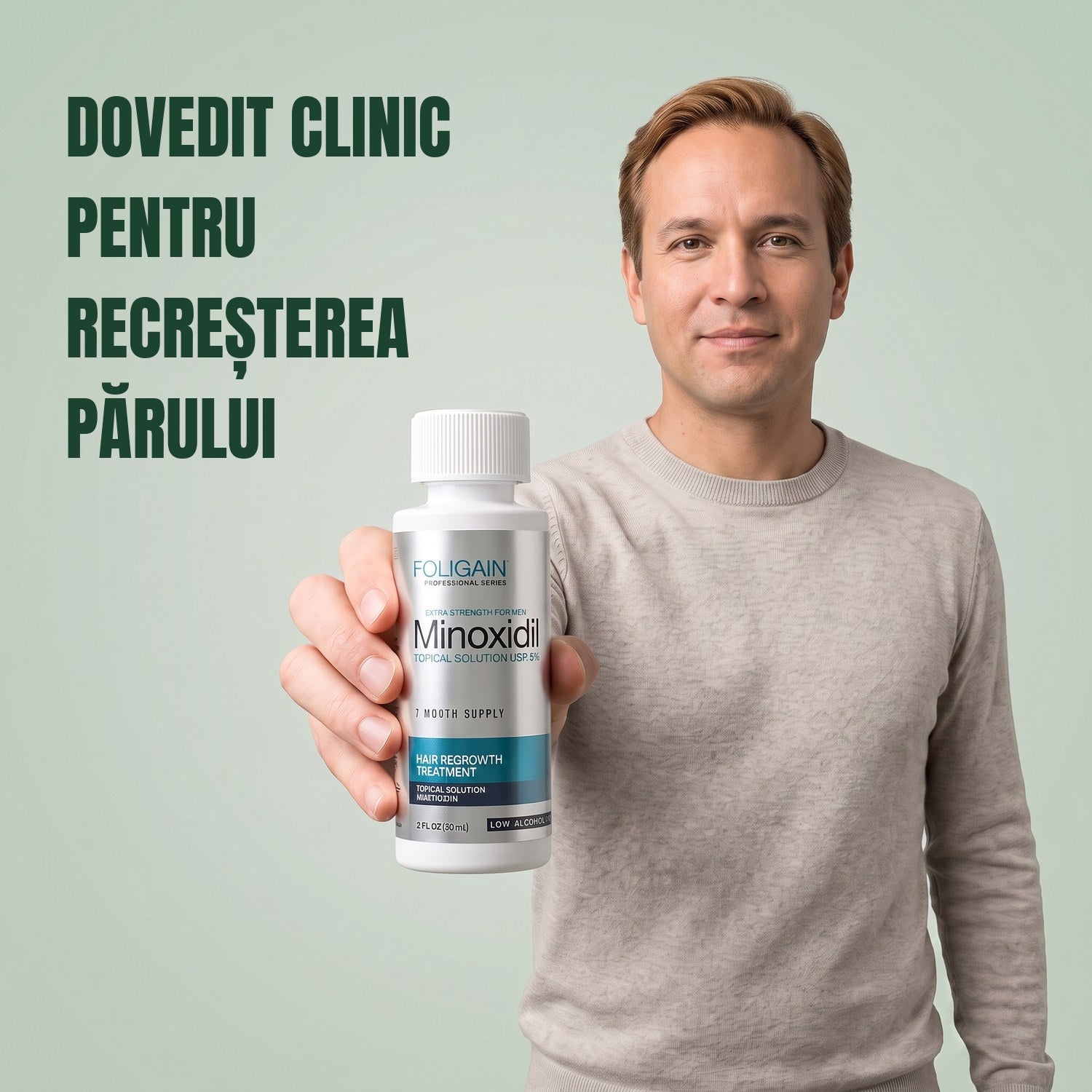Bărbat ținând în mână flaconul de loțiune Foligain Minoxidil 5% pentru piele sensibilă, pentru bărbați, pe fundal verde