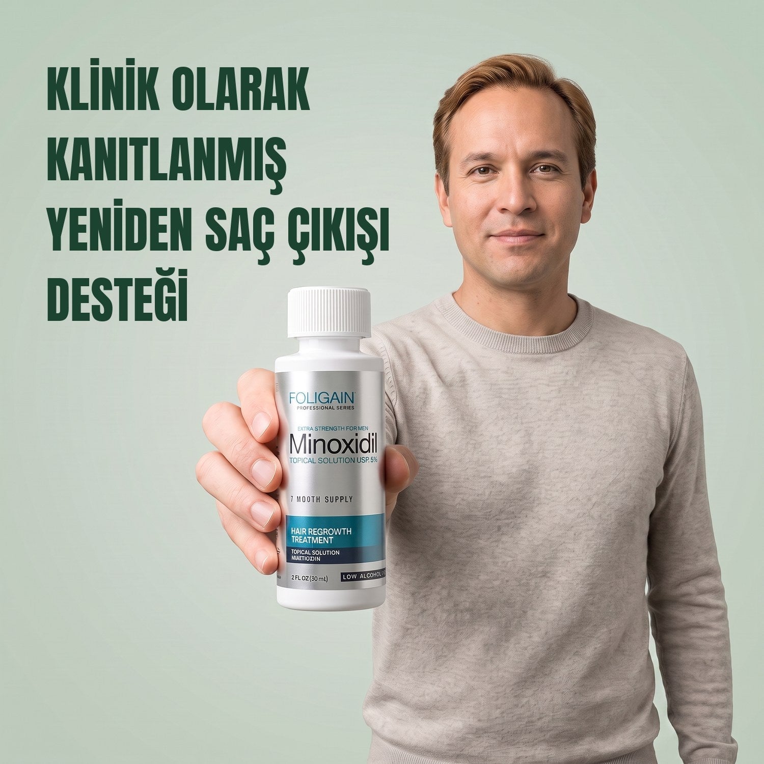 Man holding the Foligain Minoxidil 5% sensitive skin lotion bottle for men against a green background
