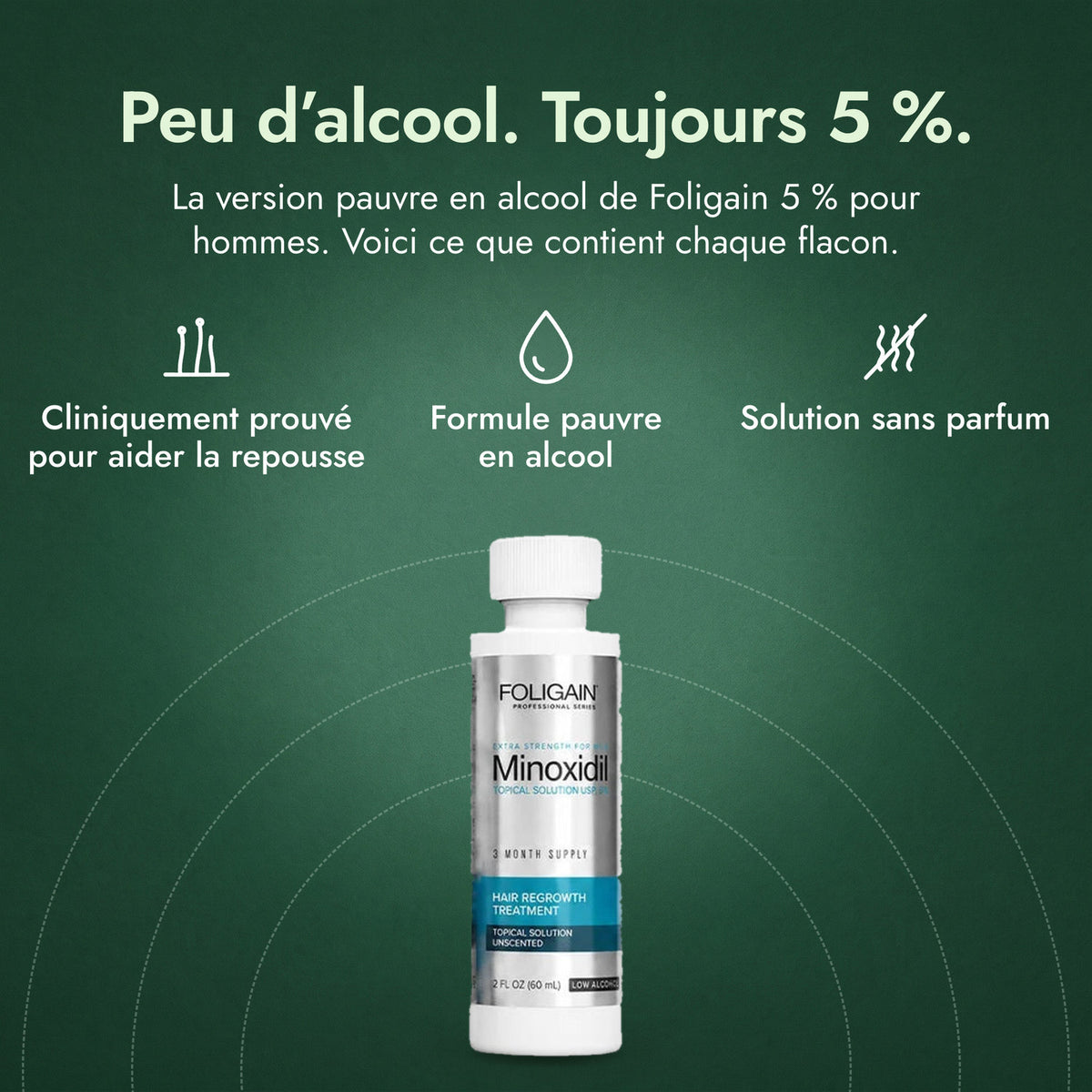 Foligain Low Alcohol Minoxidil 5 % pour hommes: Peu d’alcool. Toujours 5 %. Cliniquement prouvé pour aider la repousse, Formule pauvre en alcool, Solution sans parfum