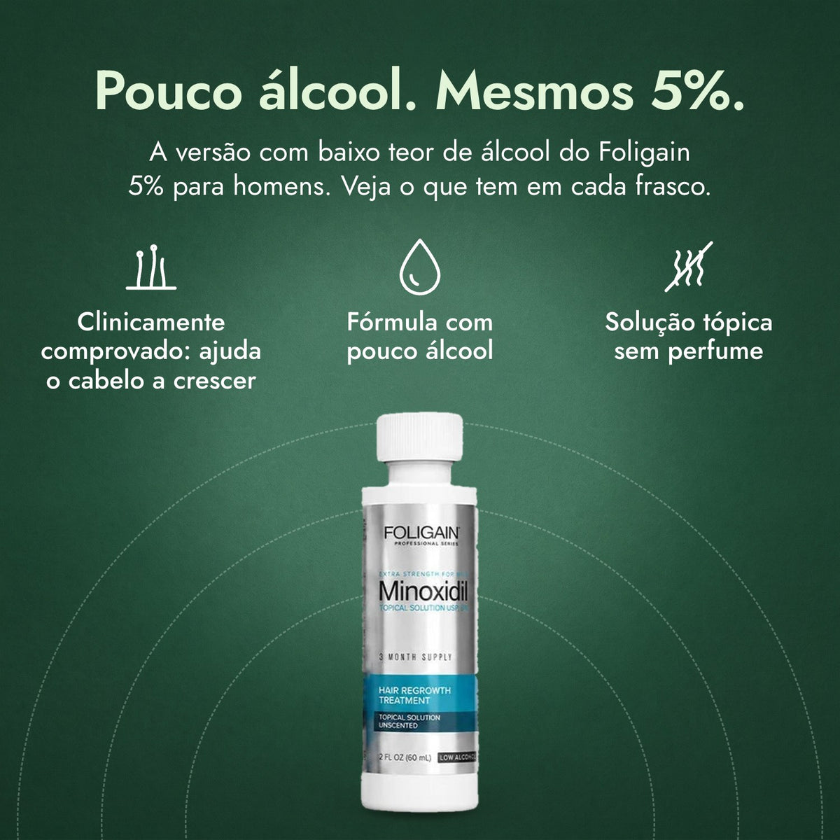 Foligain Minoxidil 5% Baixo Teor de Álcool para Homens: Pouco álcool. Mesmos 5%. Clinicamente comprovado: ajuda o cabelo a crescer, Fórmula com pouco álcool, Solução tópica sem perfume