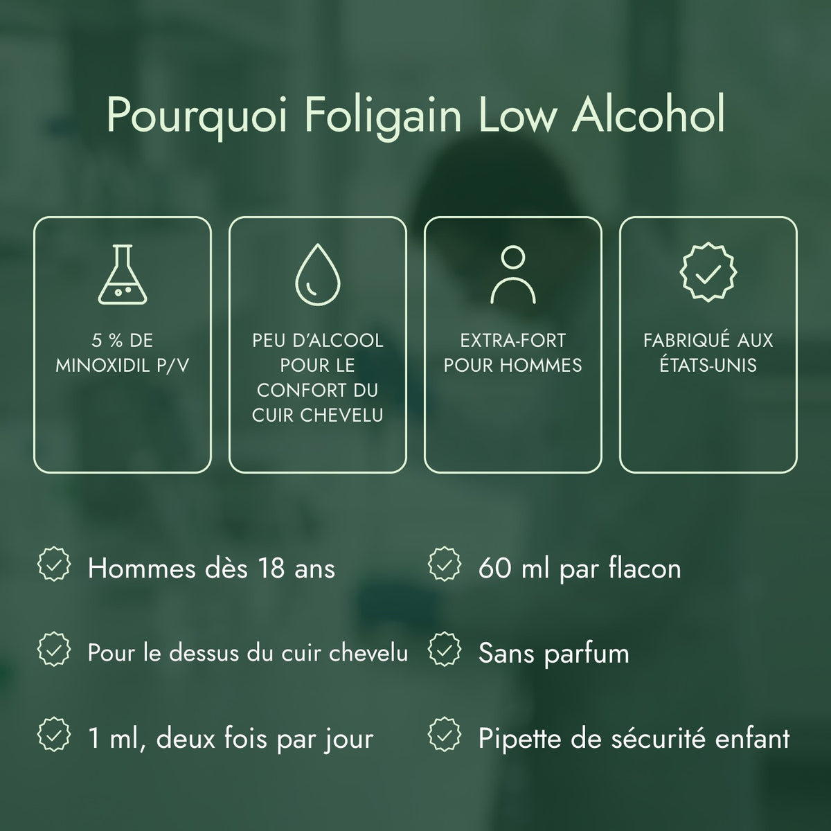 Pourquoi Foligain Low Alcohol: 5 % de minoxidil p/v, Peu d’alcool pour le confort du cuir chevelu, Extra-fort pour hommes, Fabriqué aux États-Unis