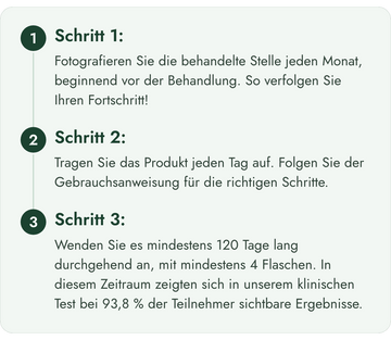 Drei Schritte für die 120-Tage-Geld-zurück-Garantie: jeden Monat ein Foto machen, das Produkt taeglich auftragen und mindestens 120 Tage anwenden.