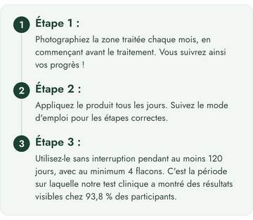 Trois etapes pour la garantie satisfait ou rembourse de 120 jours : photographier chaque mois, appliquer le produit chaque jour et l utiliser au moins 120 jours.
