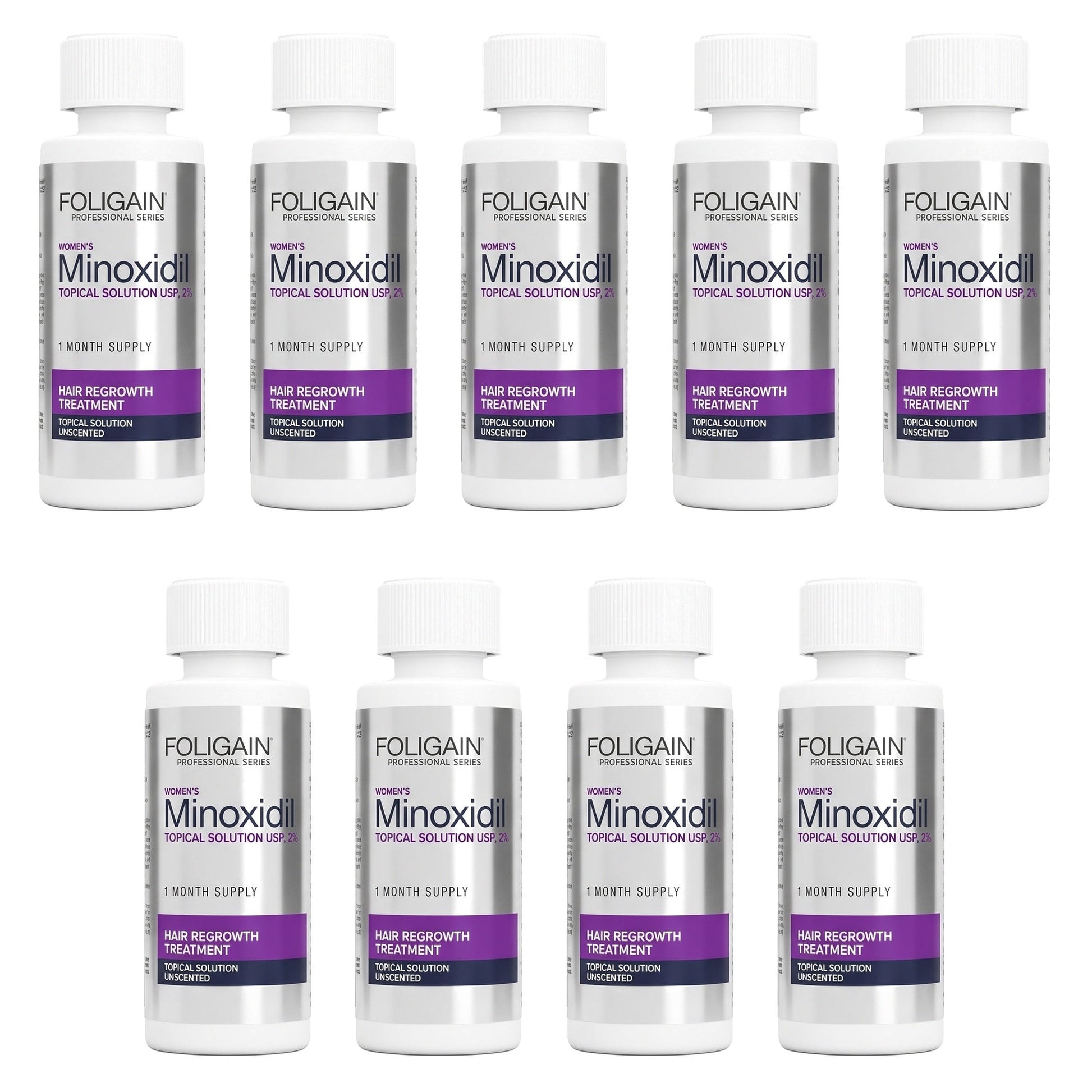 Loção de Minoxidil Foligain 2% para Mulheres - Suprimento para 9 Meses — embalagem do produto em fundo branco