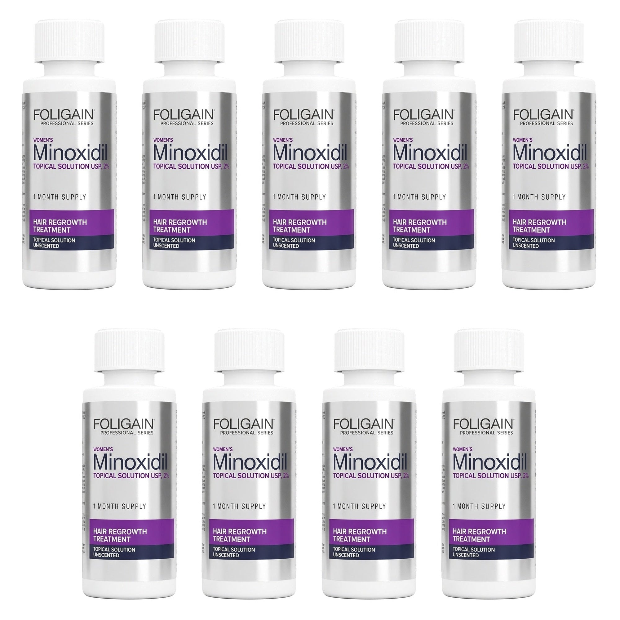 Loção de Minoxidil Foligain 2% para Mulheres - Suprimento para 9 Meses — embalagem do produto em fundo branco