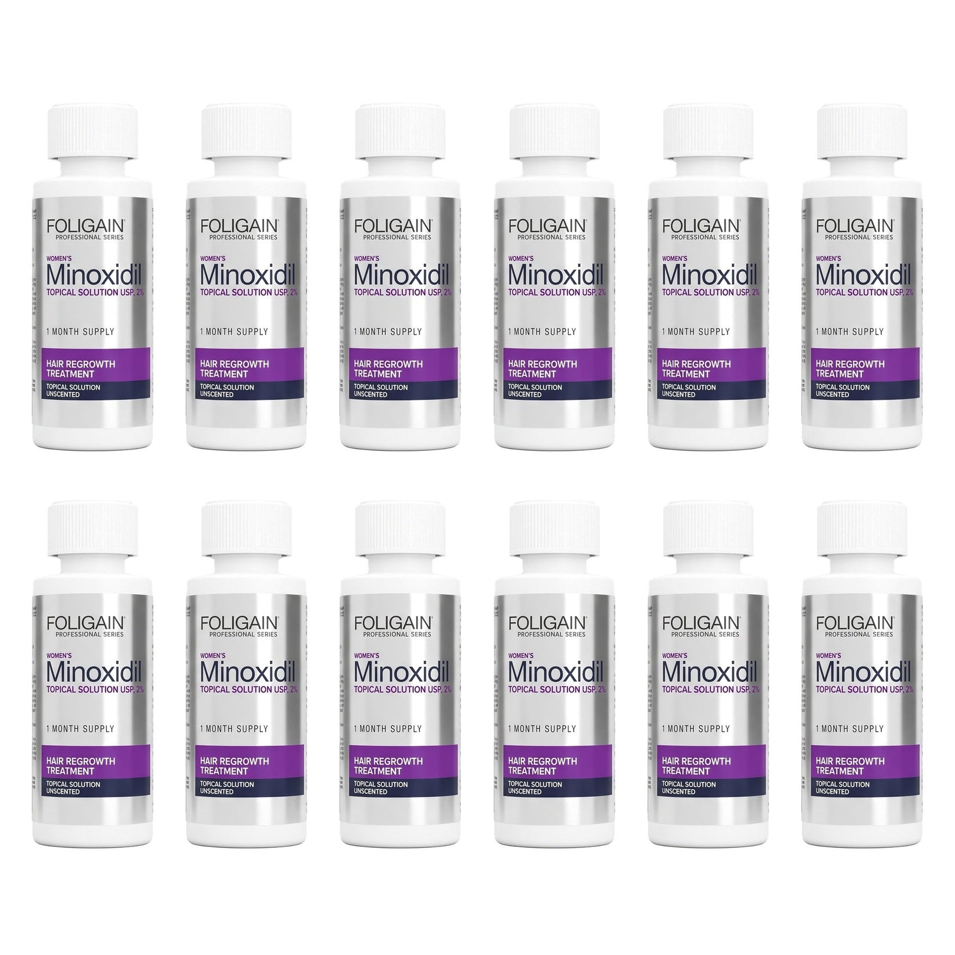 Foligain Minoxidil roztok 2 % pro ženy - zásoba na 12 měsíců — obal produktu na bílém pozadí