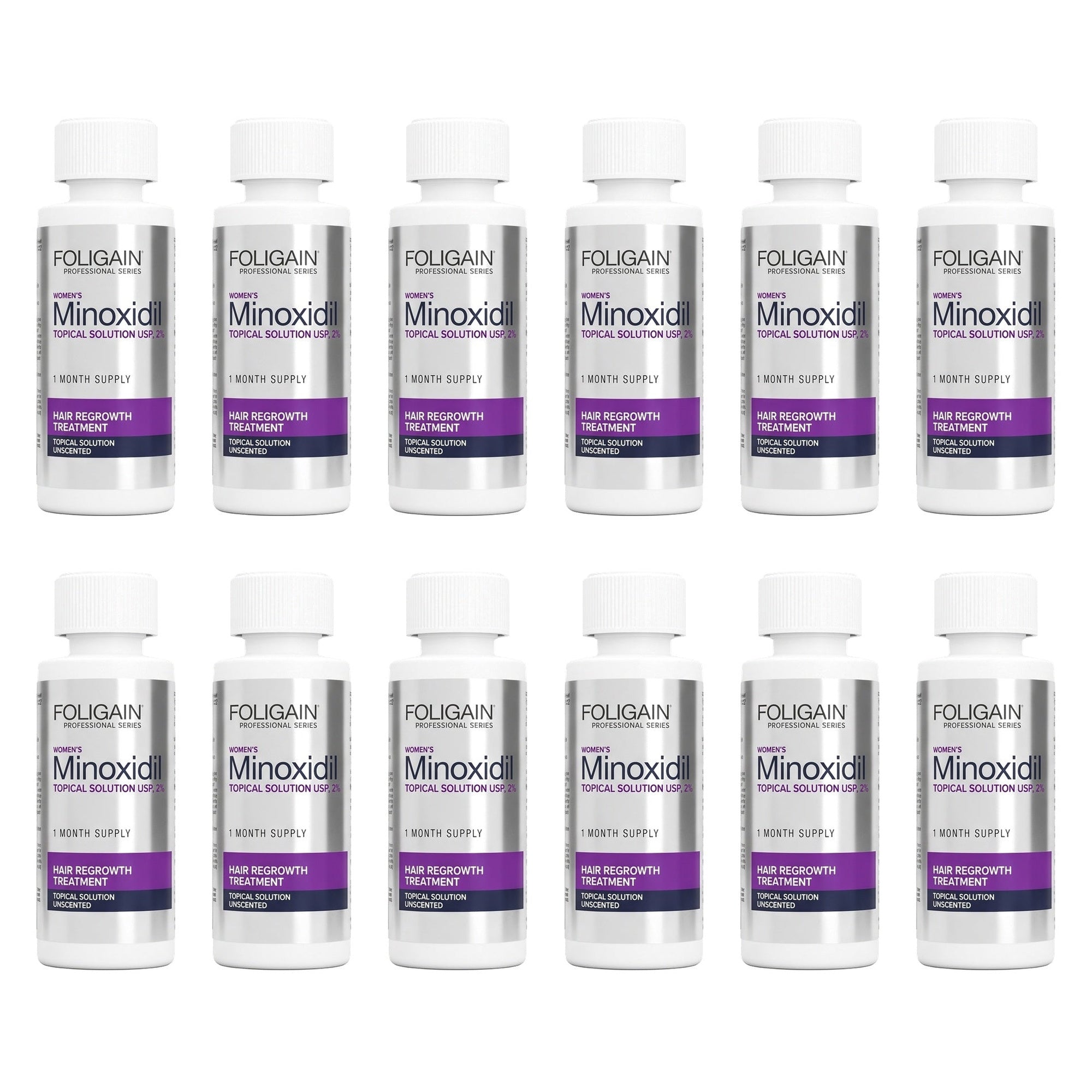 Foligain Minoxidil roztok 2 % pro ženy - zásoba na 12 měsíců — obal produktu na bílém pozadí