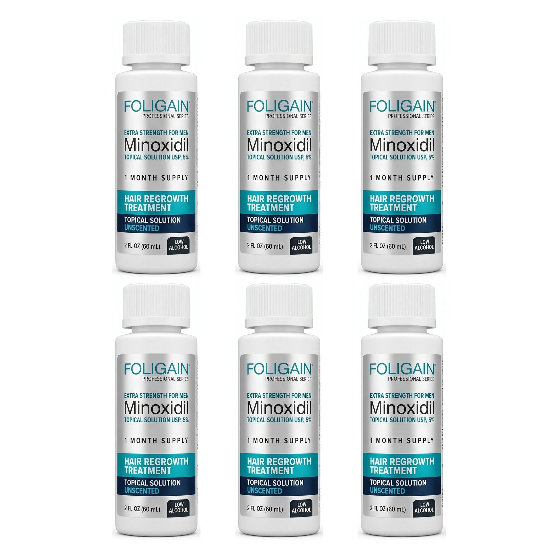 Foligain Minoxidil Oldat 5% férfiaknak - érzékeny bőrre - 6 havi adag — termékcsomagolás fehér háttér előtt