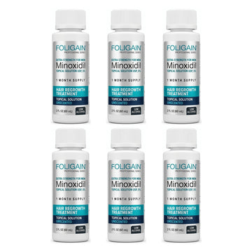 Foligain Minoxidil Oldat 5% férfiaknak - érzékeny bőrre - 6 havi adag — termékcsomagolás fehér háttér előtt