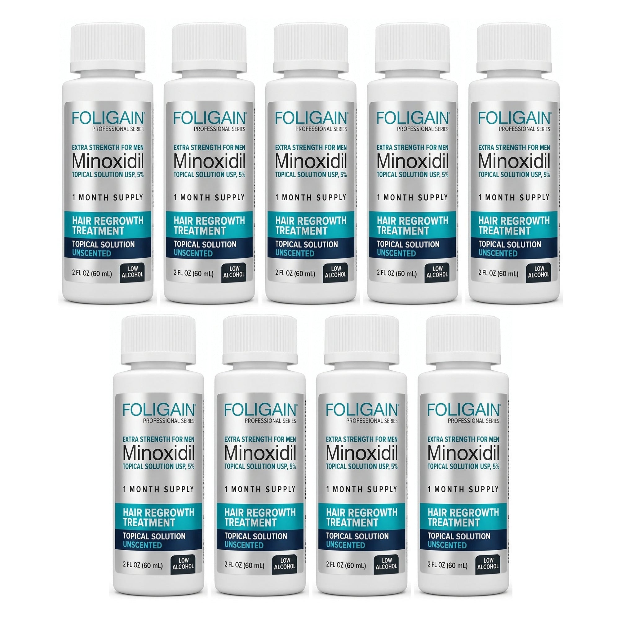 Foligain Minoxidil roztok 5% pro muže – citlivá pokožka – zásoba na 9 měsíců — obal produktu na bílém pozadí
