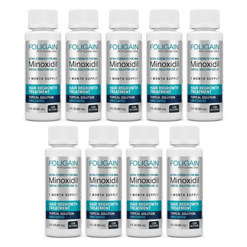 Foligain Minoxidil roztok 5% pro muže – citlivá pokožka – zásoba na 9 měsíců — obal produktu na bílém pozadí