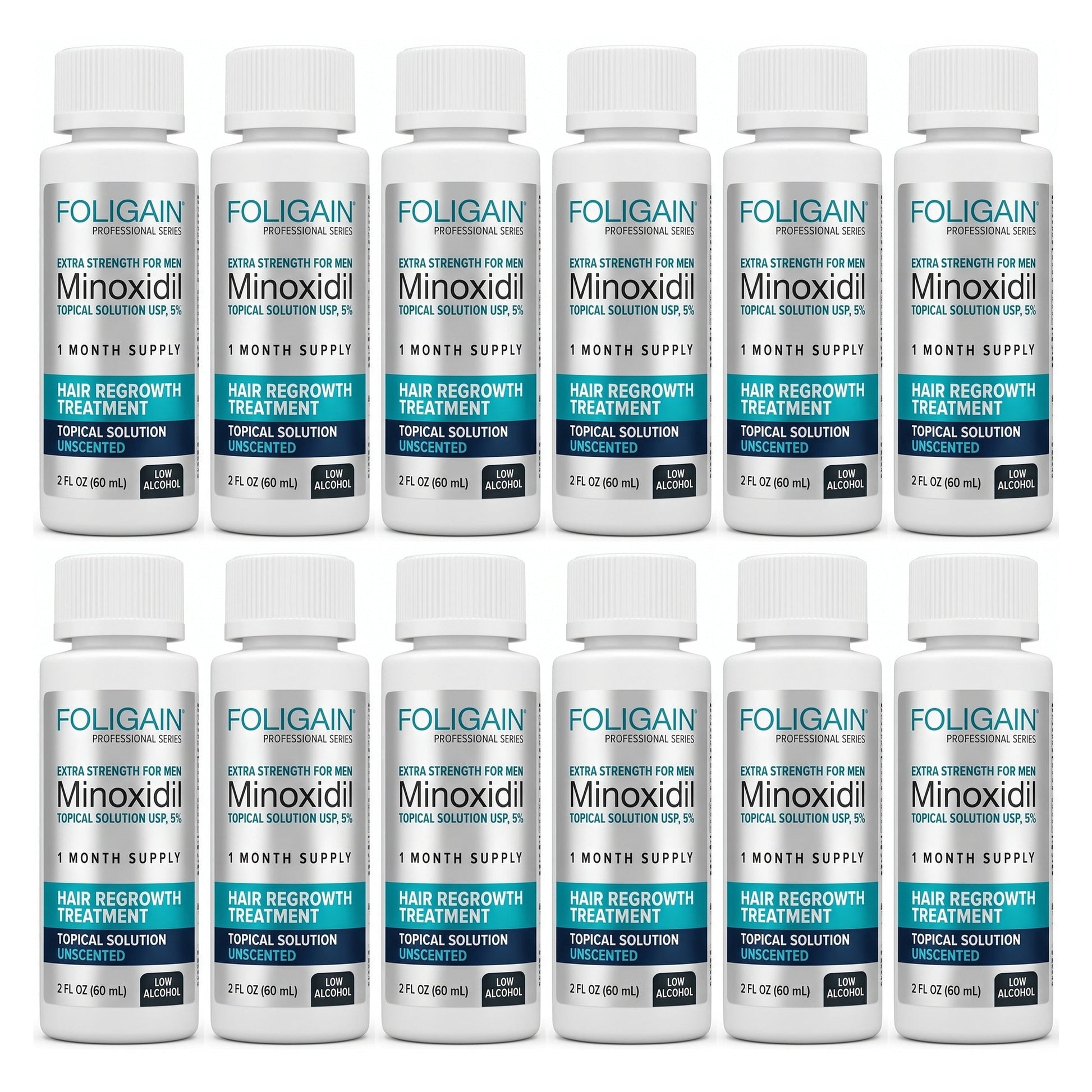 Foligain Minoxidil Oldat 5% férfiaknak - érzékeny bőrre - 12 havi adag — termékcsomagolás fehér háttér előtt