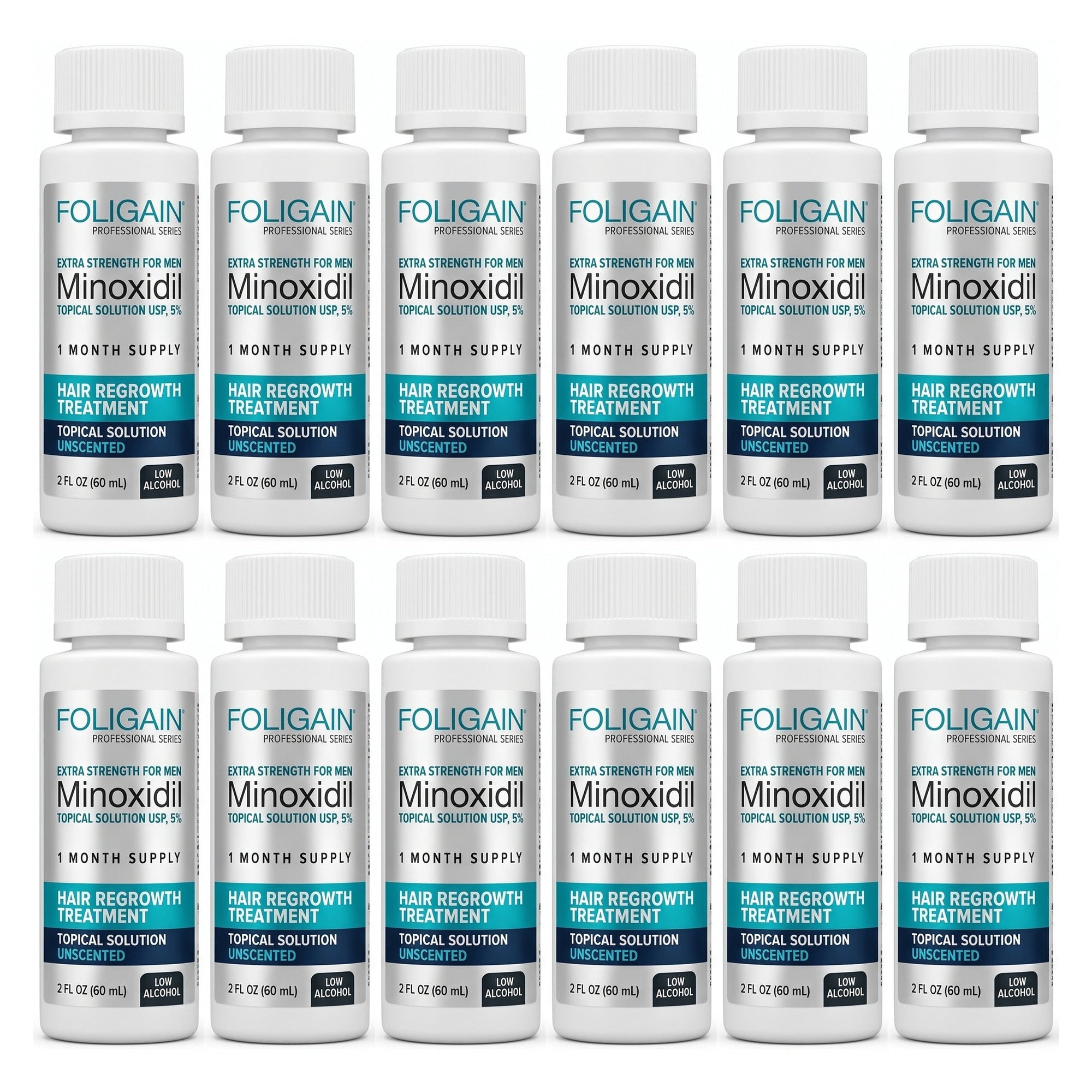 Foligain Minoxidil Oldat 5% férfiaknak - érzékeny bőrre - 12 havi adag — termékcsomagolás fehér háttér előtt