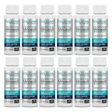 Foligain Minoxidil Oldat 5% férfiaknak - érzékeny bőrre - 12 havi adag — termékcsomagolás fehér háttér előtt
