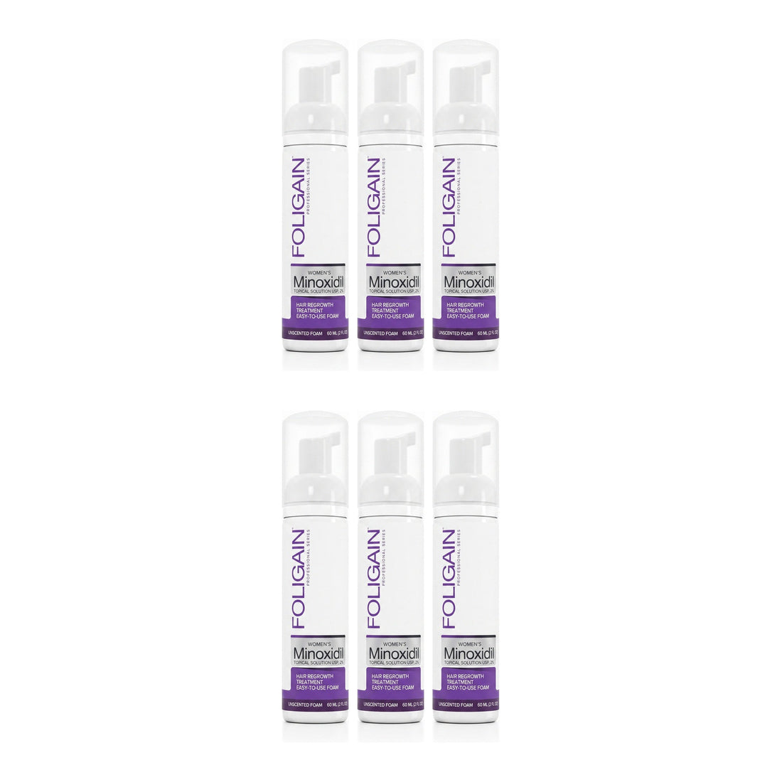 Foligain Minoxidil Foam 2% for Women - 6 month supply, 6 x 60 ml foam bottles