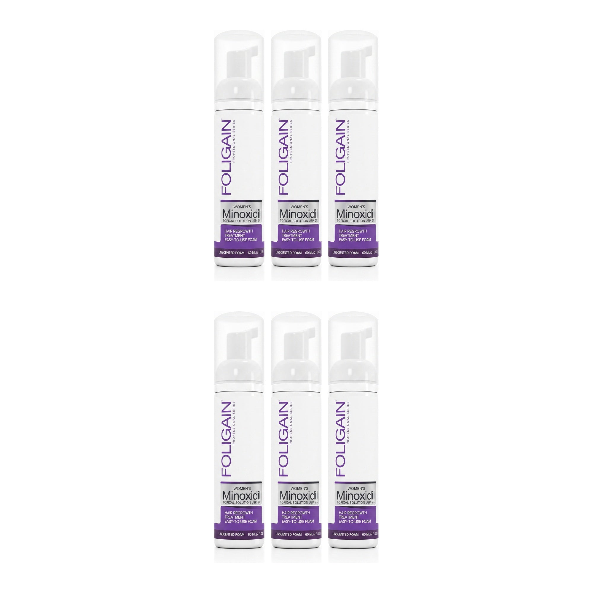 Foligain Minoxidil Foam 2% for Women - 6 month supply, 6 x 60 ml foam bottles