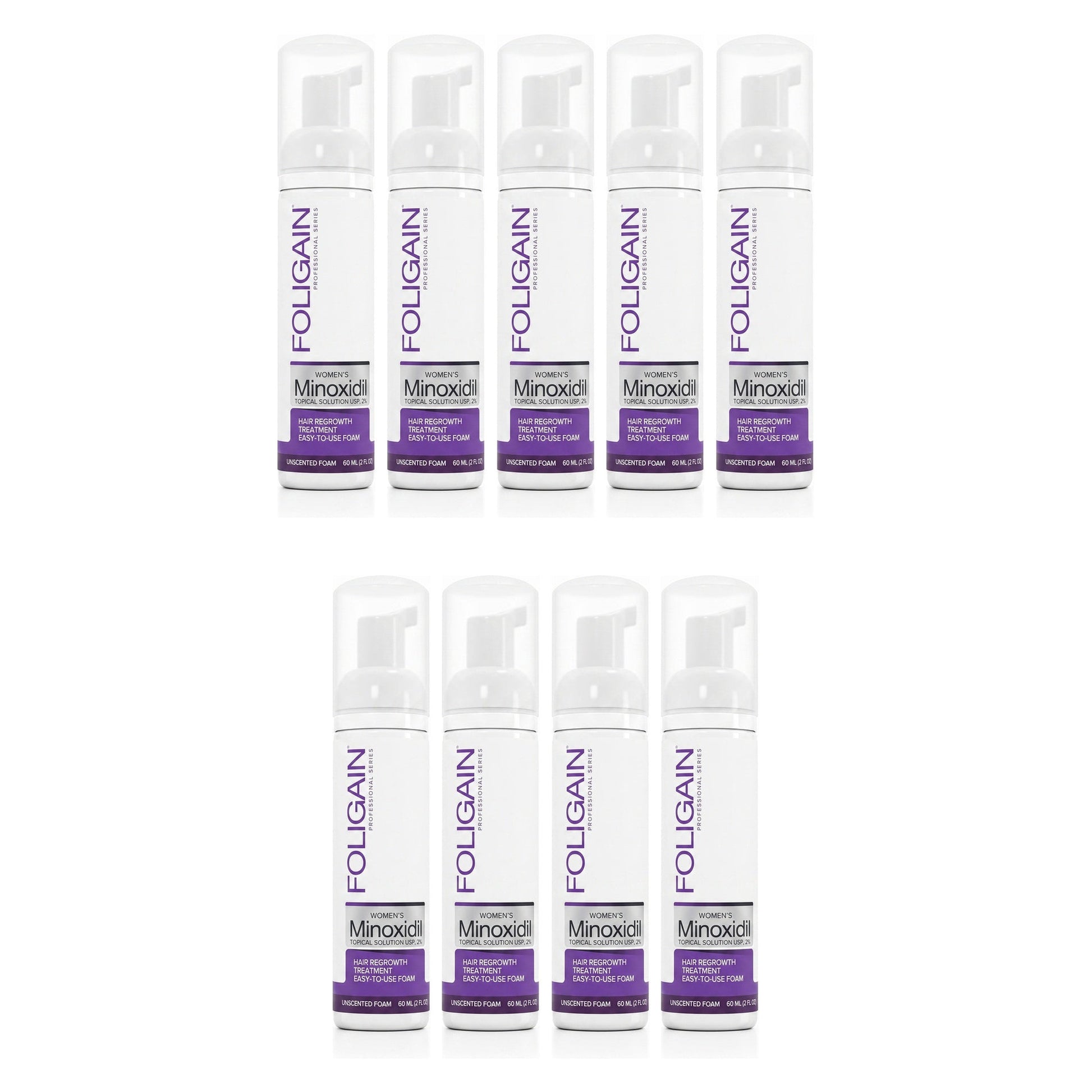 Espuma de Minoxidil Foligain 2% para Mulheres - Suprimento para 9 Meses — embalagem do produto em fundo branco