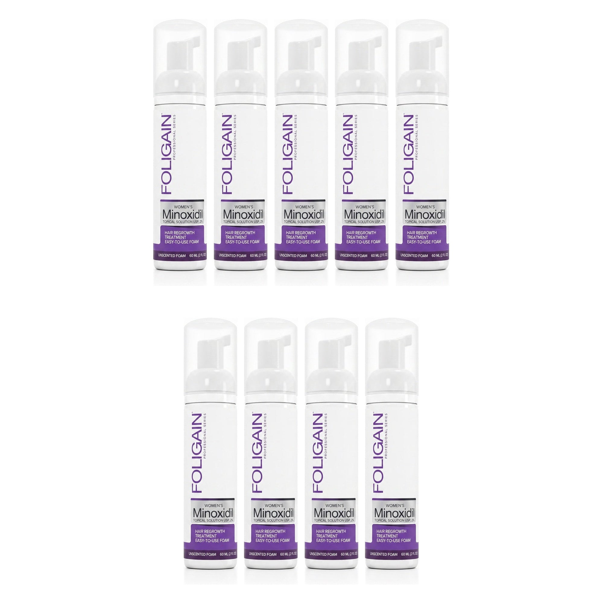 Espuma de Minoxidil Foligain 2% para Mulheres - Suprimento para 9 Meses — embalagem do produto em fundo branco