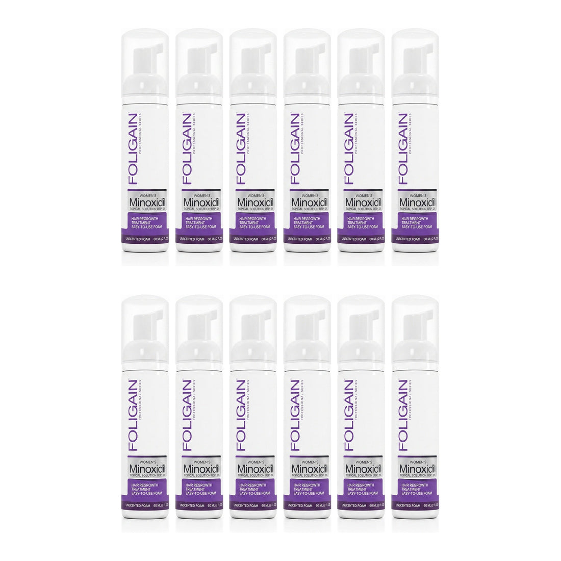 Foligain Minoxidil Foam 2% for Women - 12 month supply, 12 x 60 ml foam bottles