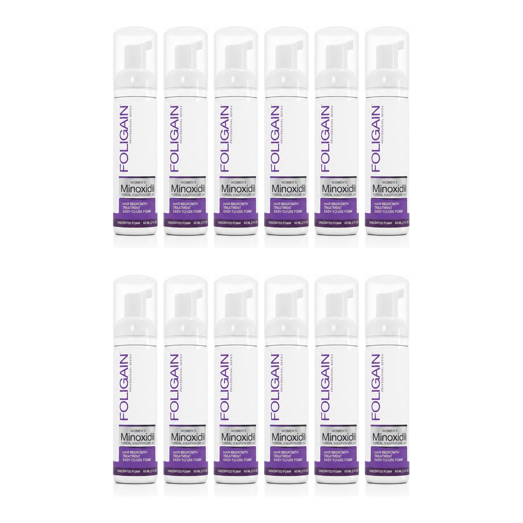 Foligain Minoxidil Foam 2% for Women - 12 month supply, 12 x 60 ml foam bottles