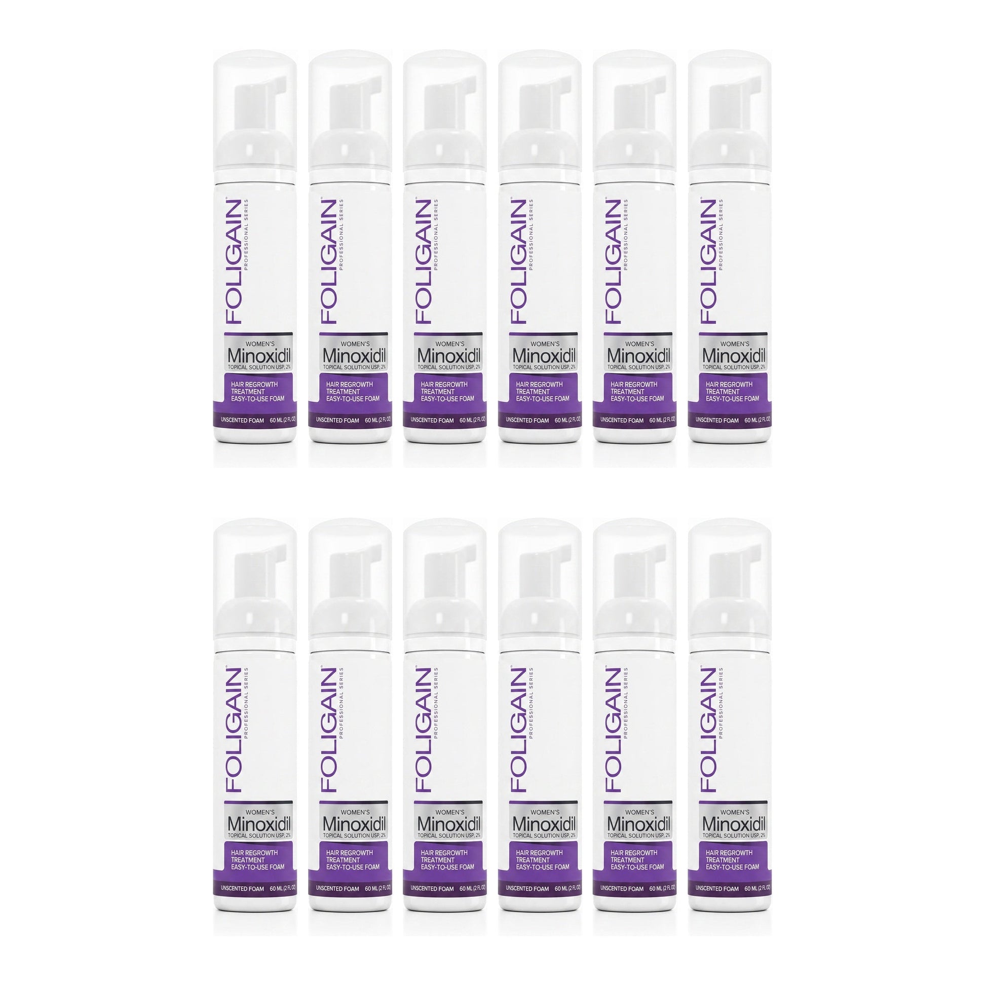Foligain Minoxidil Foam 2% for Women - 12 month supply, 12 x 60 ml foam bottles