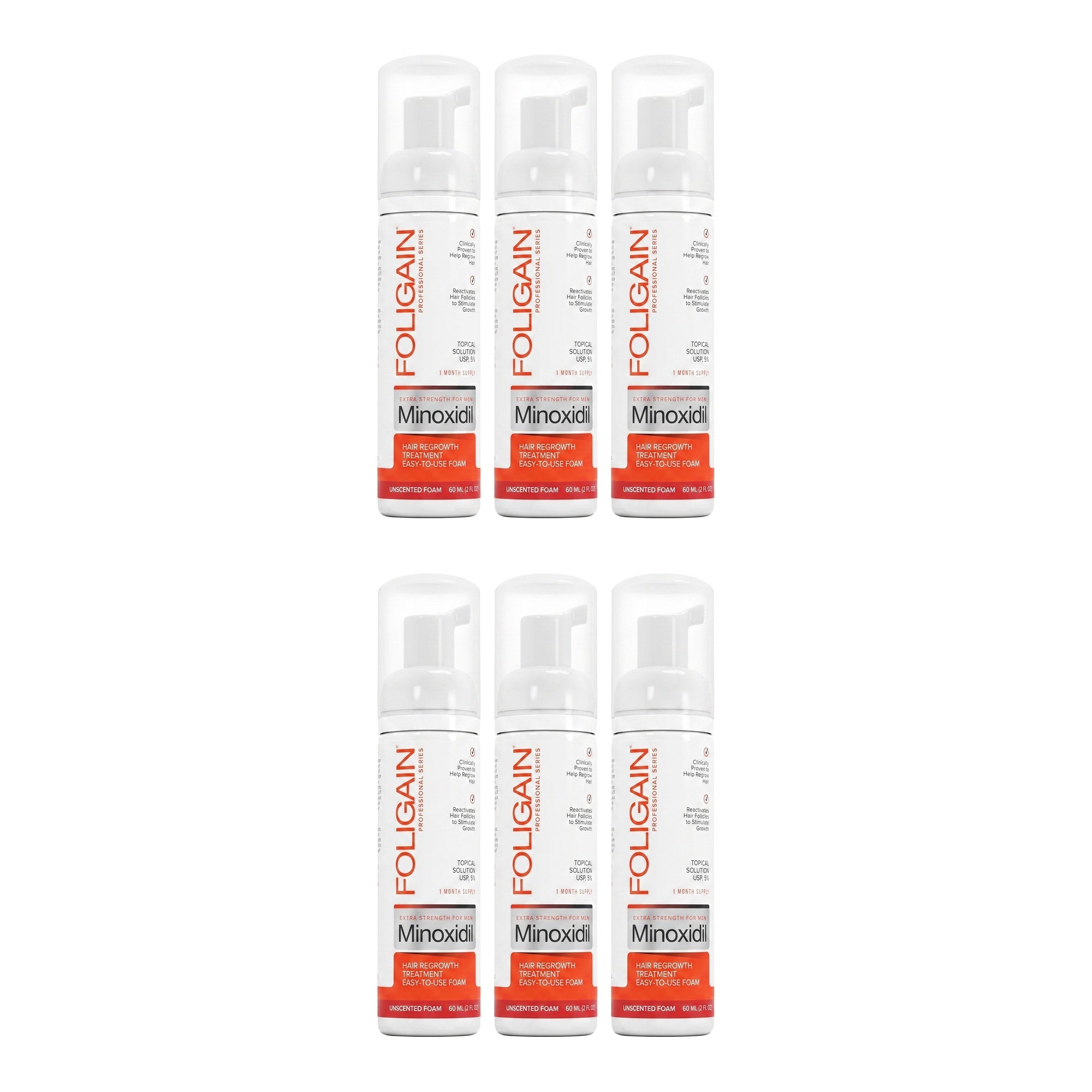 Foligain Minoxidil Foam 5% for Men - 6 month supply, 6 x 60 ml foam bottles