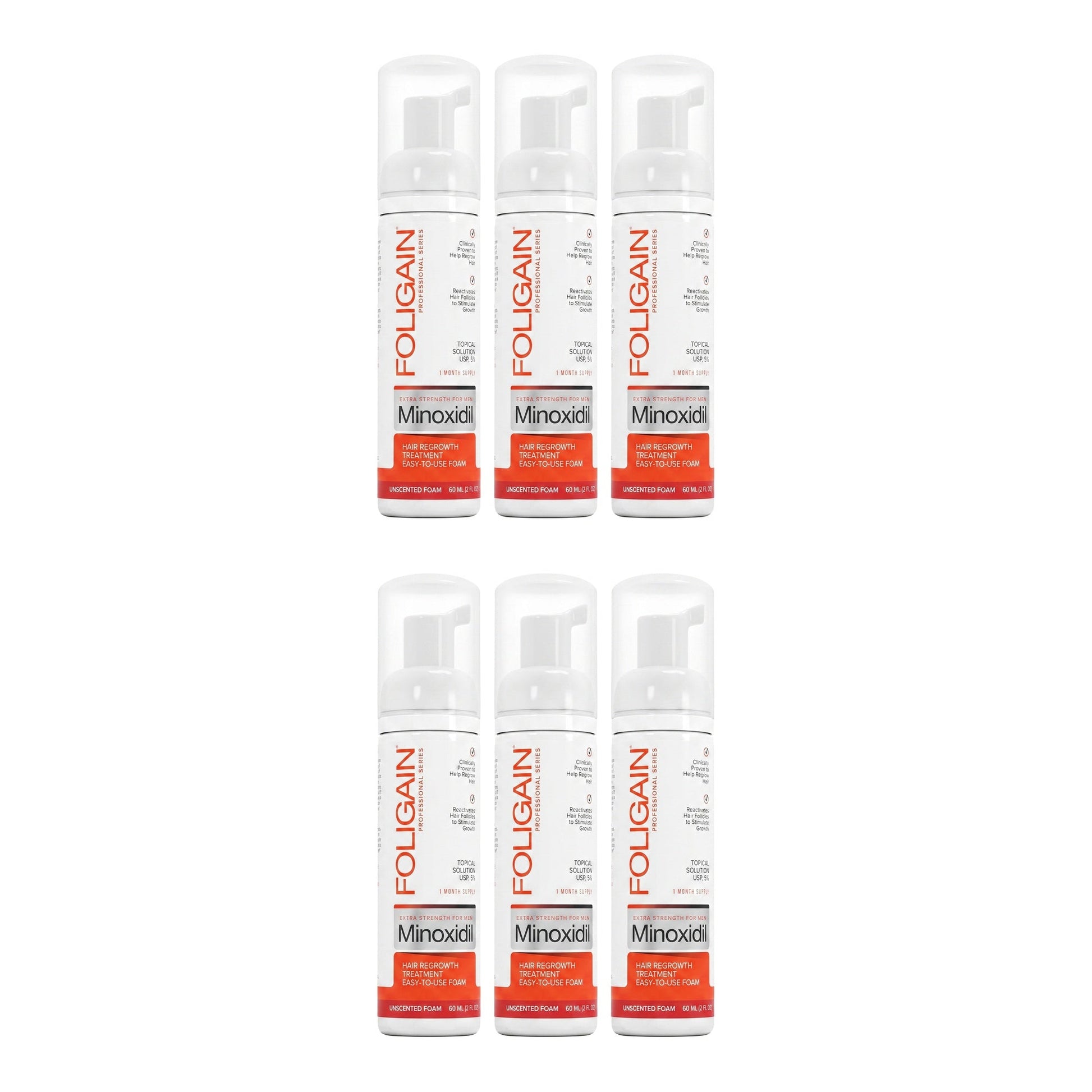 Foligain Minoxidil Foam 5% for Men - 6 month supply, 6 x 60 ml foam bottles
