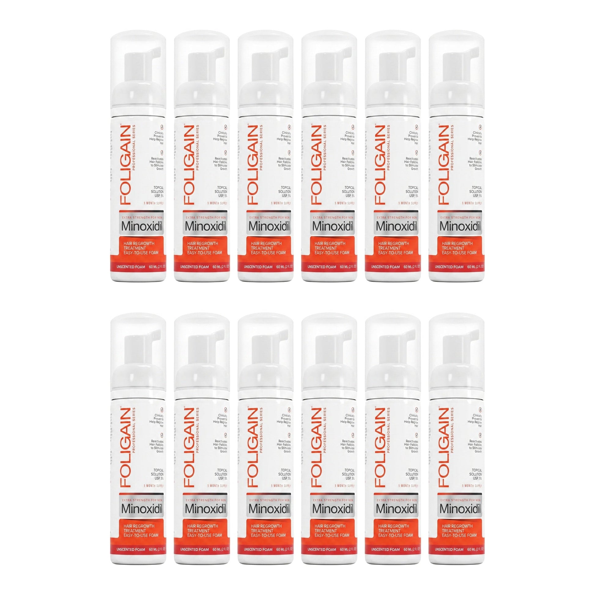 Foligain Minoxidil Foam 5% for Men - 12 month supply, 12 x 60 ml foam bottles