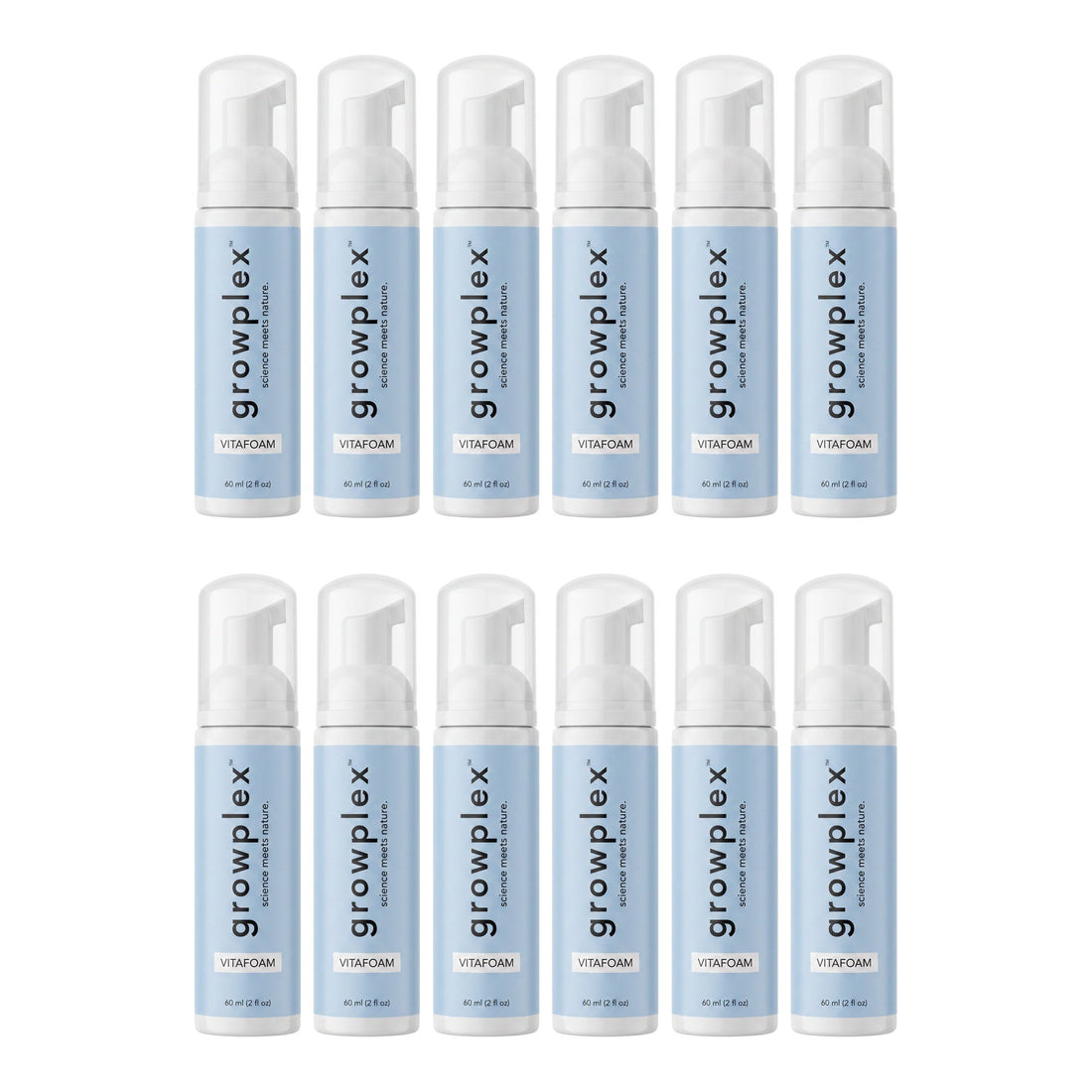Growplex VitaFoam Minoxidil Skum 5% för kvinnor och män – 12 månaders förbrukning, 12 x 60 ml skumflaskor