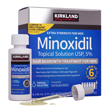 Kirkland Signature Minoxidil 5% lotion for men with dropper, pipette and box on a white background