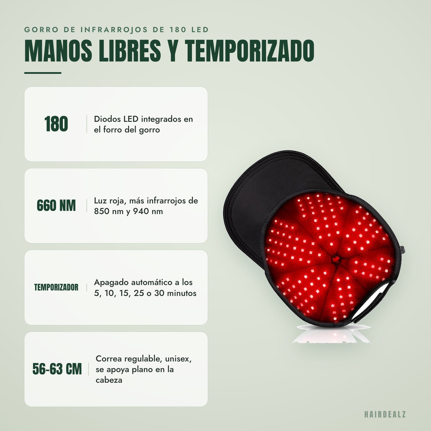 Gorro de infrarrojos de 180 LED — Manos libres y temporizado