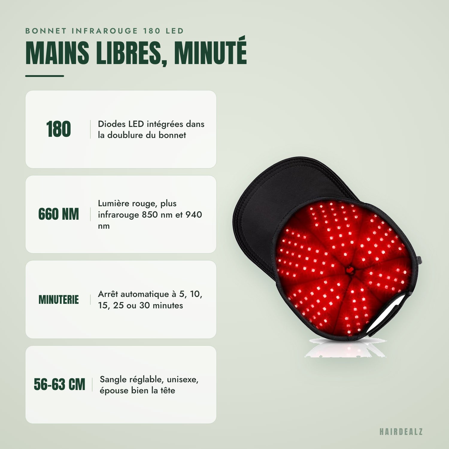 Bonnet infrarouge 180 LED — Mains libres, minuté