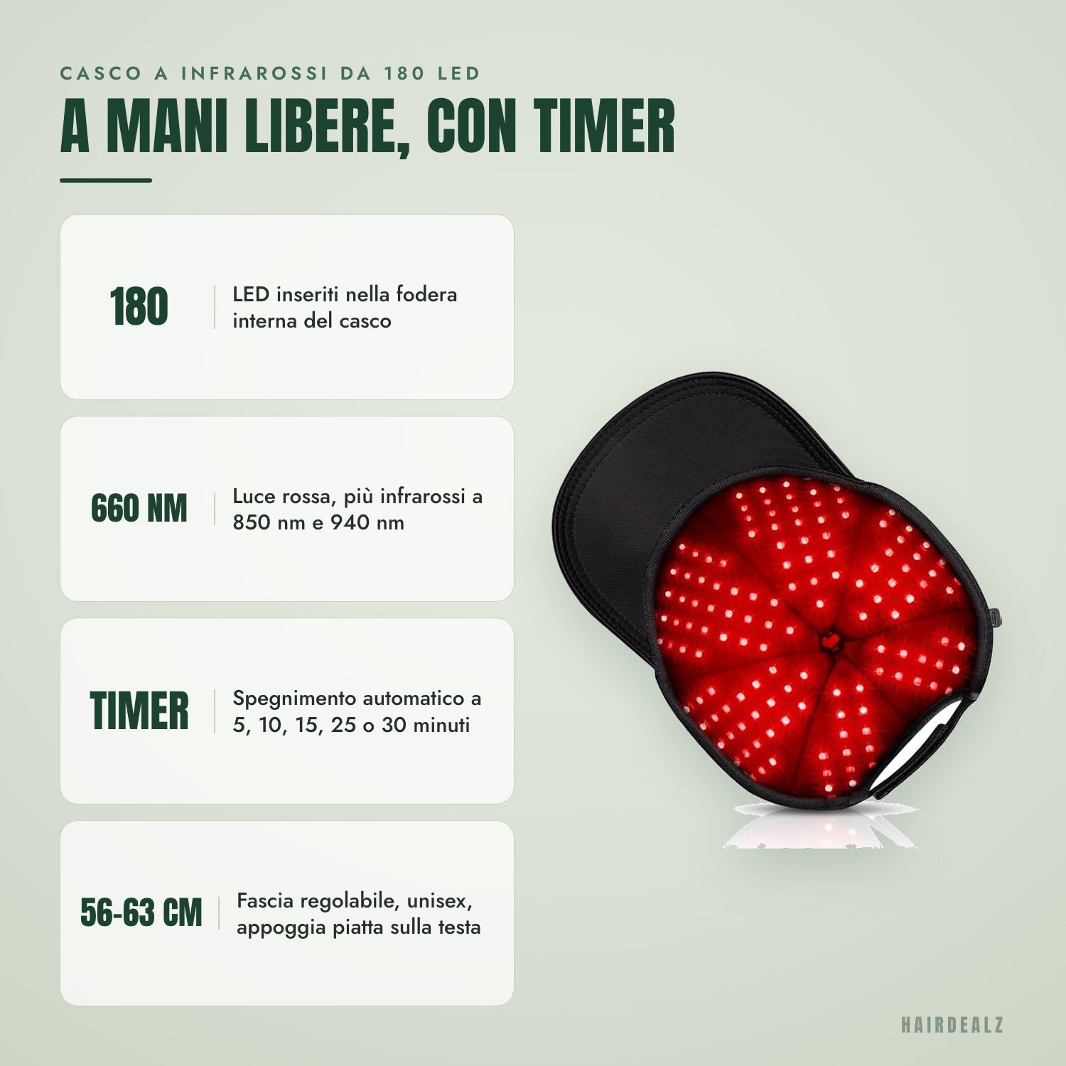 Casco a infrarossi da 180 LED — A mani libere, con timer