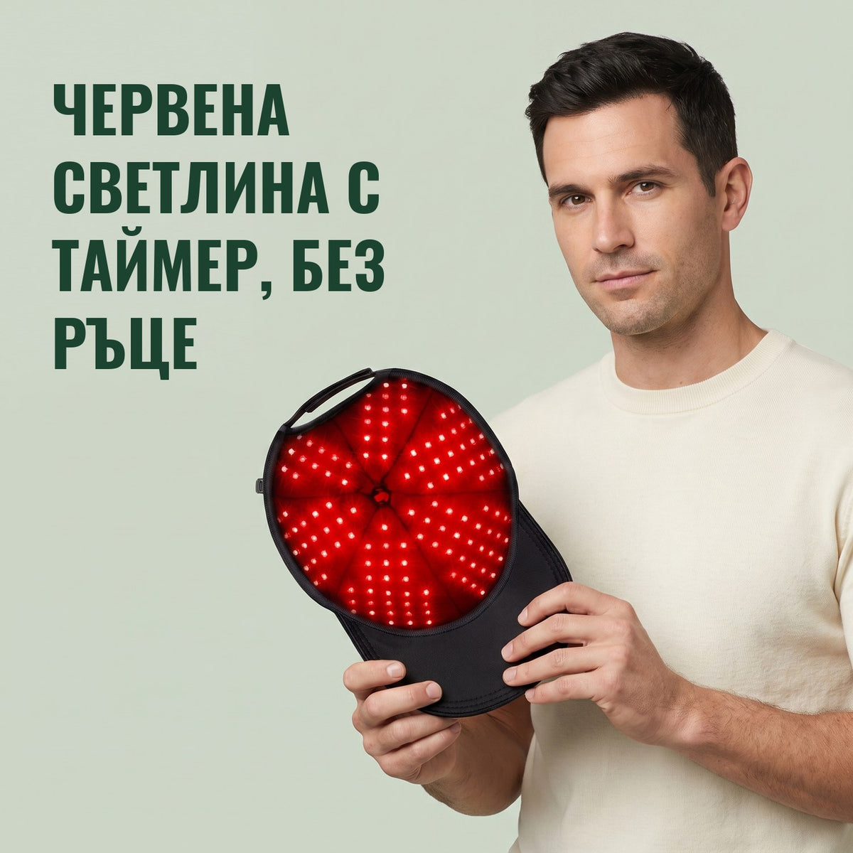 Мъж държи инфрачервена шапка за растеж на косата на зелен фон