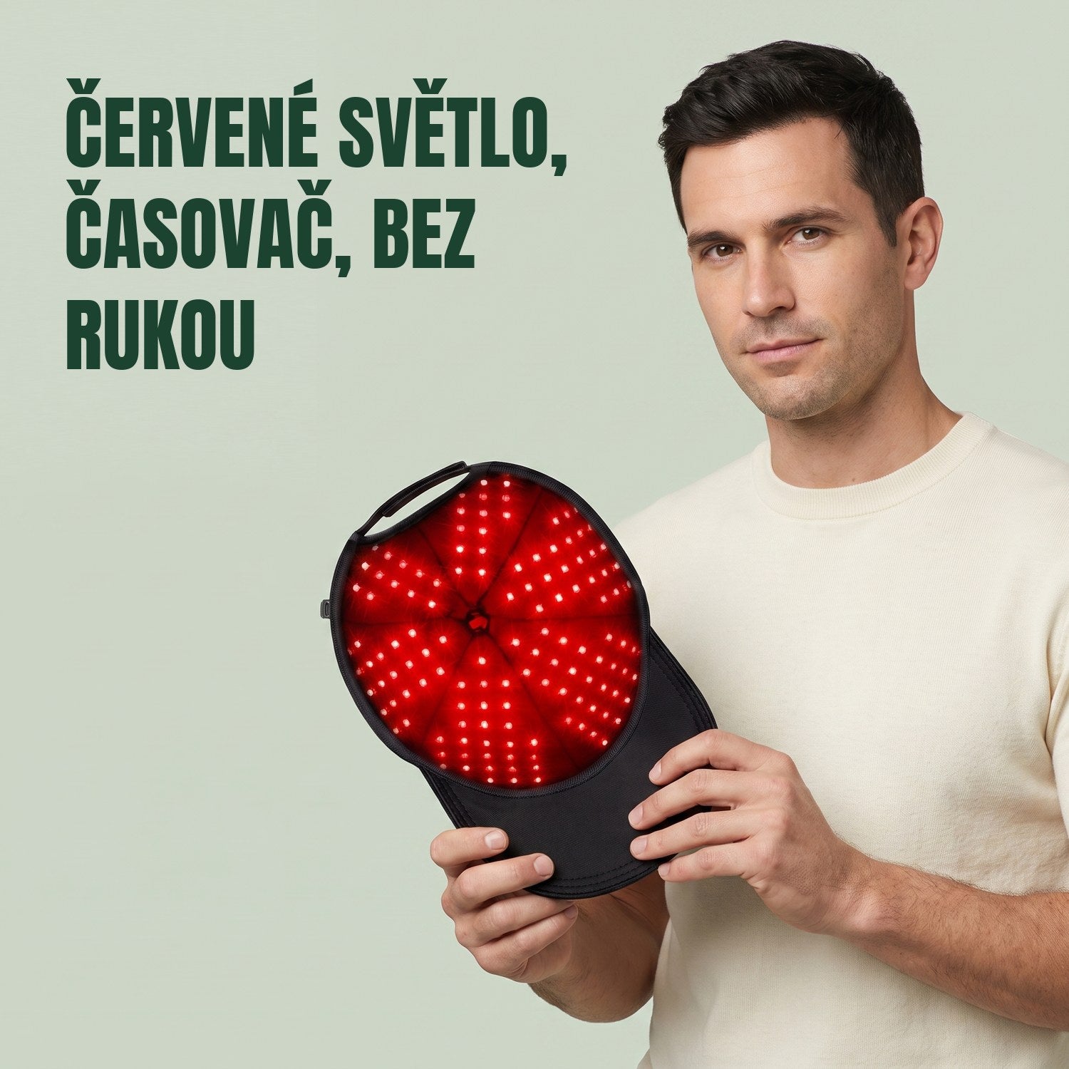 Muž drží infračervenou čepici na růst vlasů na zeleném pozadí