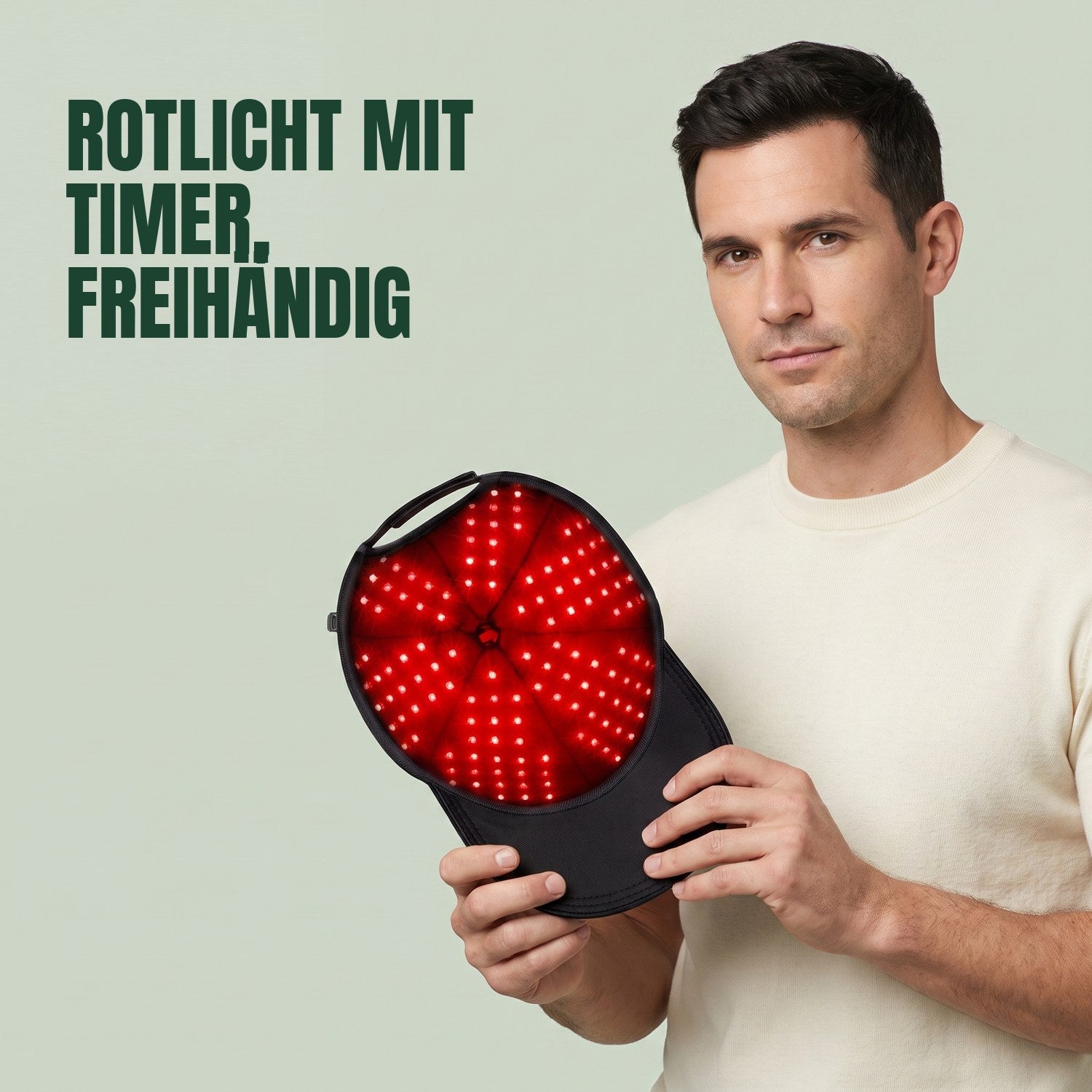 Mann mit der Infrarot-Haarwachstumskappe vor grünem Hintergrund